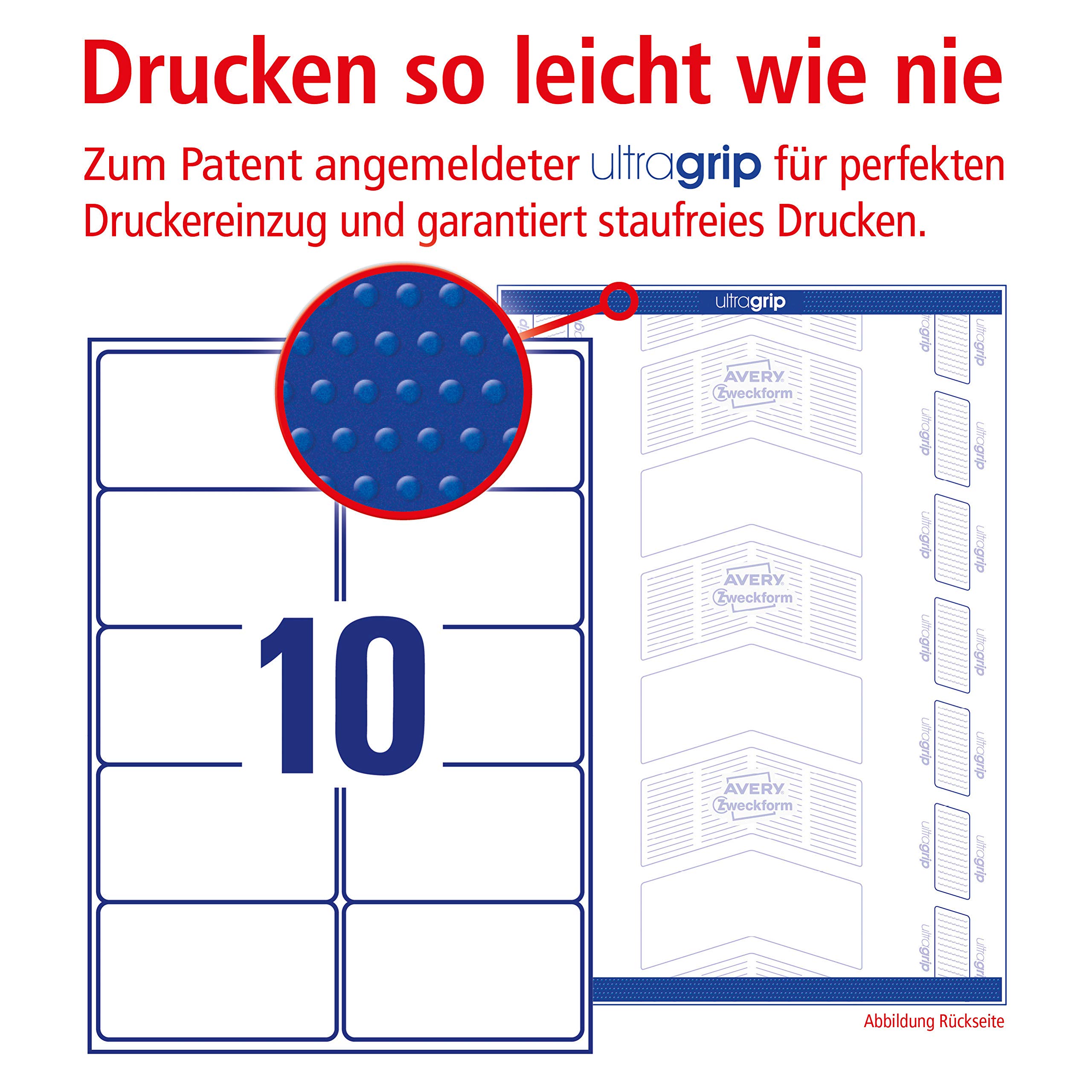 AVERY Zweckform L7173-100 Adressetiketten/Adressaufkleber (1.000 Etiketten mit ultragrip, 99,1x57mm auf A4, bedruckbar, selbstklebend, für DIN C4/C5 Briefkuverts, Papier matt) 100 Blatt, weiß