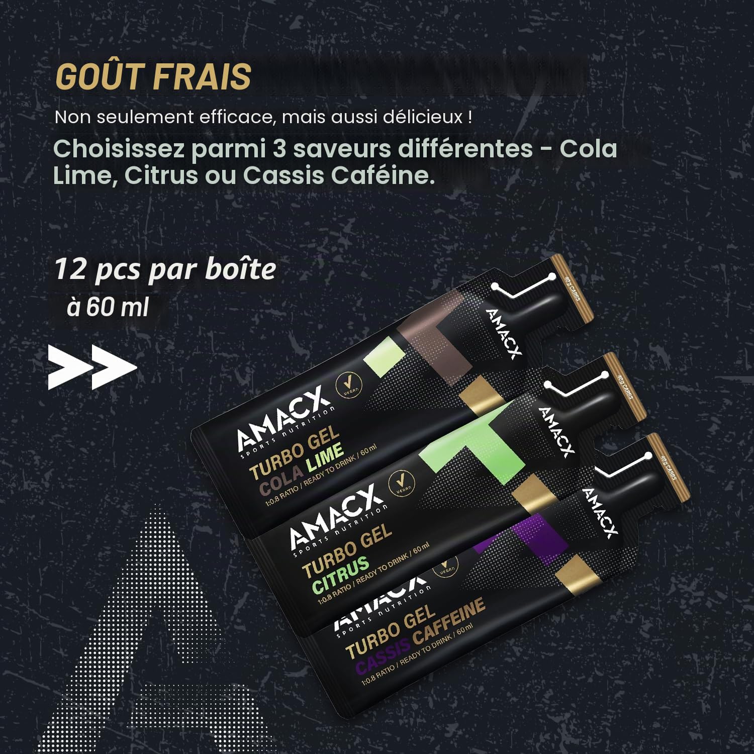 AMACX Turbo Energy Gel – Gel Energetique Velo et Course a Pied – Electrolyte & Minéraux – 12 x 60 ml – 40g de Glucides par Sports Gel avec Caféine – Ratio 1:0,8 Glucose:Fructose – Cassis/Caféine