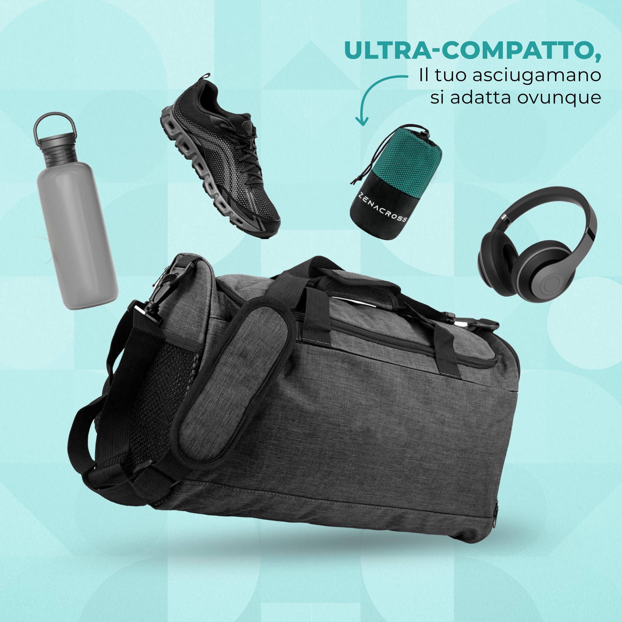 Zenacross Asciugamano Palestra con Borsa per il Trasporto - Asciugamano Microfibra a Rapida Asciugatura e Versatile - Telo Palestra Taglie S - 100 x 50 cm - Verde Petrolio