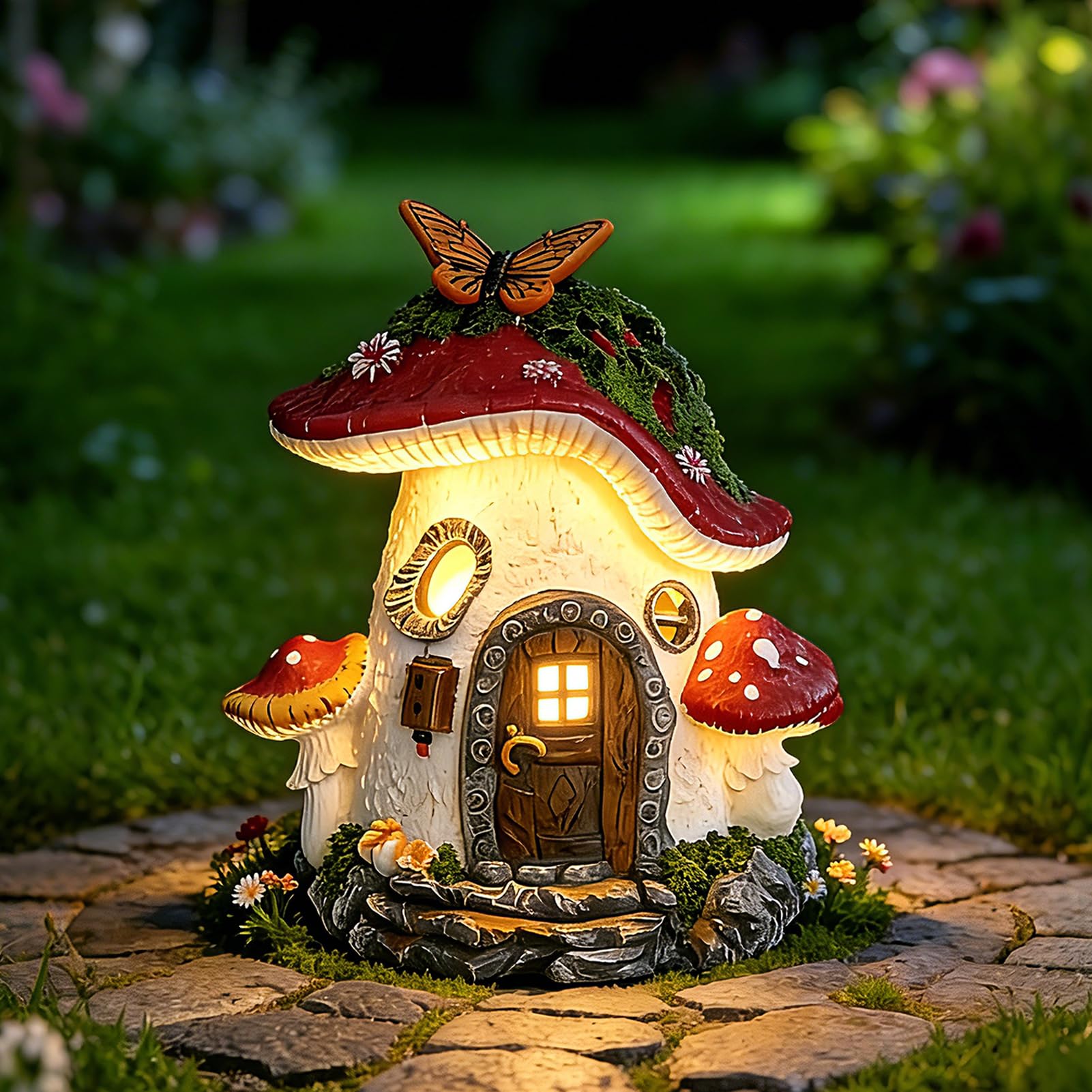 Vasedre Mushroom Fairy Garden Ornaments Outdoor, Solar Waterproof Resin Outdoor Fairy Lights with LED, Solar Garden Ornaments for Home, Yard Decoration, Birthday Gift for Women (Mushroom)