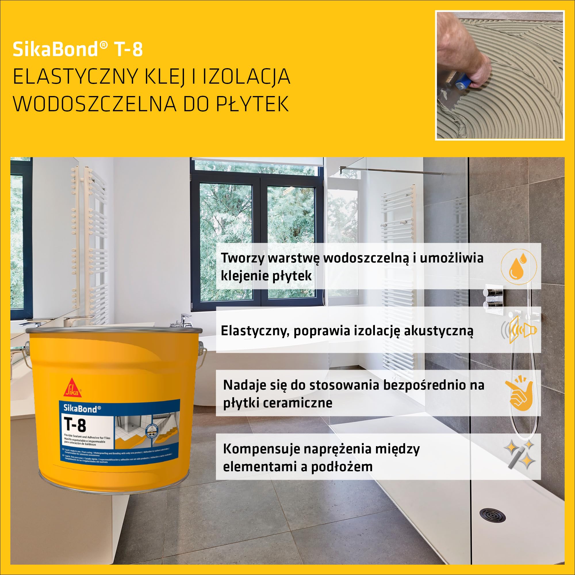 SIKA - Wodoszczelna izolacja i klej - SikaBond T-8 - Beżowy - 5L | Wodoszczelna izolacja i klej do płytek 2 w 1 - Gotowy do użycia - Do mocowania płytek