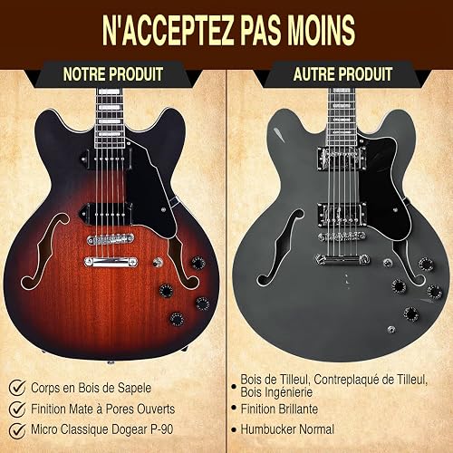 Pyle Guitare Electrique à Corps Semi-creux - Guitare- Kit Instrument Jazz Taille Complète de 106,2 cm avec Housse de Transport, Finition Mate et Sunburst - 2