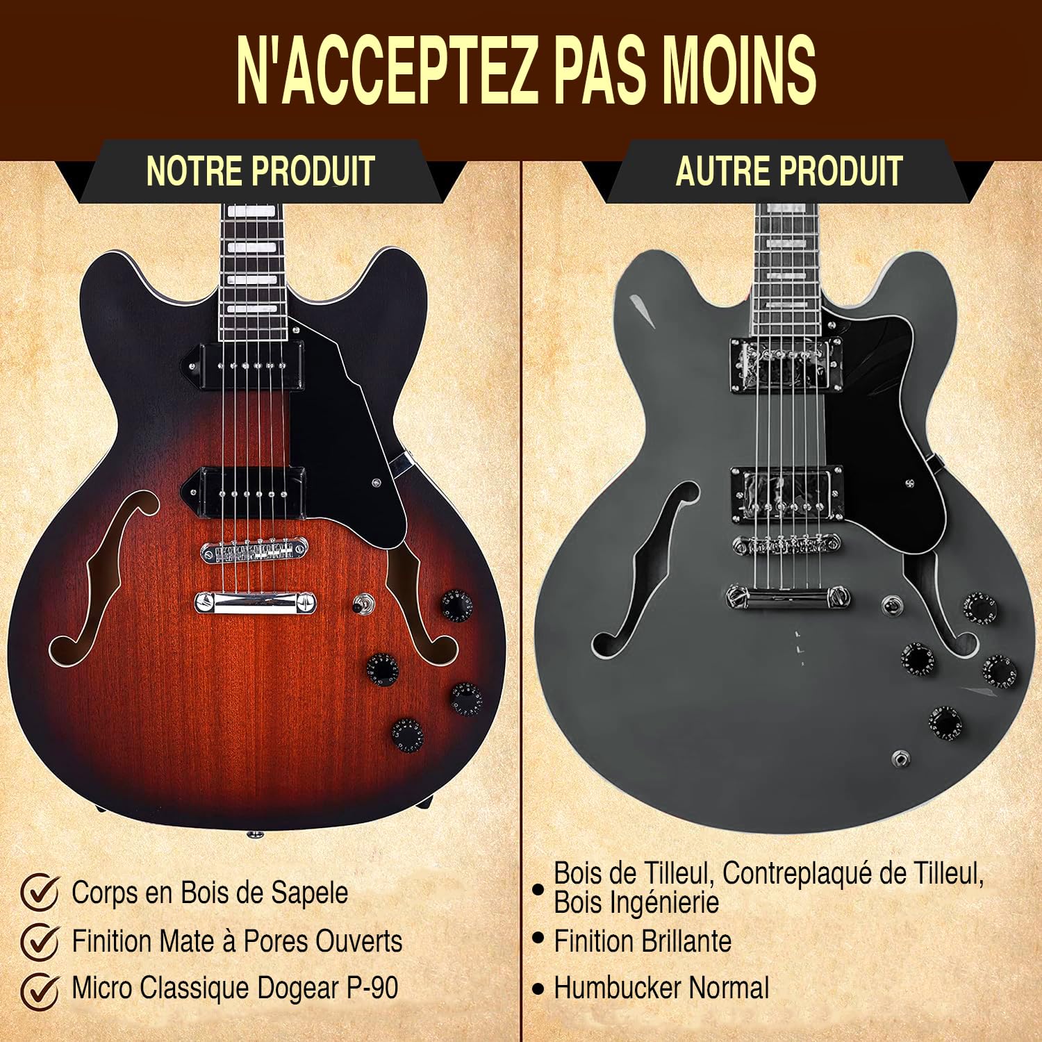 Pyle Guitare Electrique à Corps Semi-creux - Guitare- Kit Instrument Jazz Taille Complète de 106 cm avec Housse de Transport, Finition Mate et Sunburst