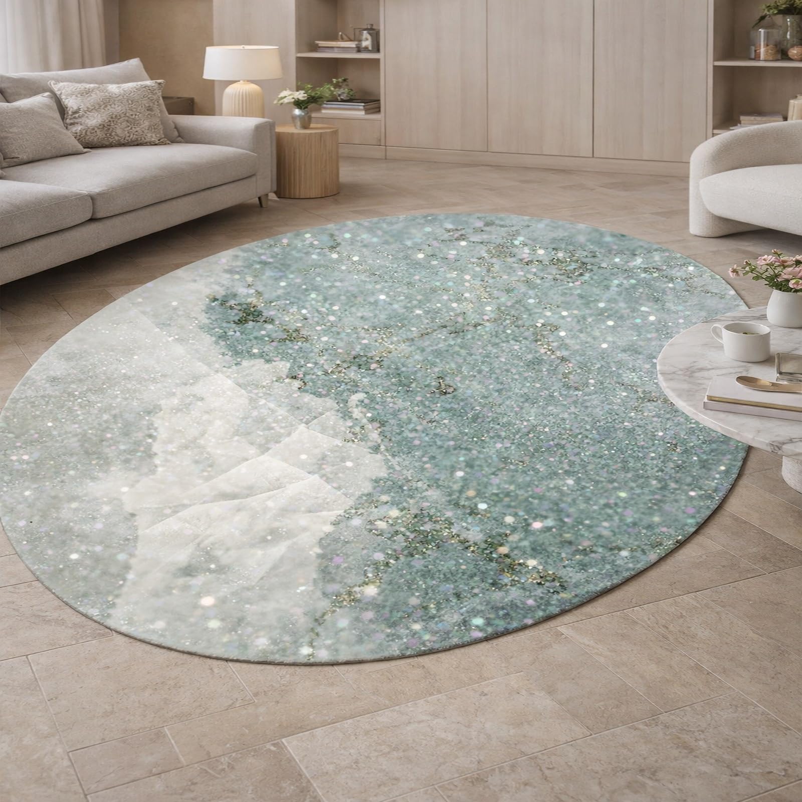 Tapis ovale vert et blanc pour couloir et entrée accueillante