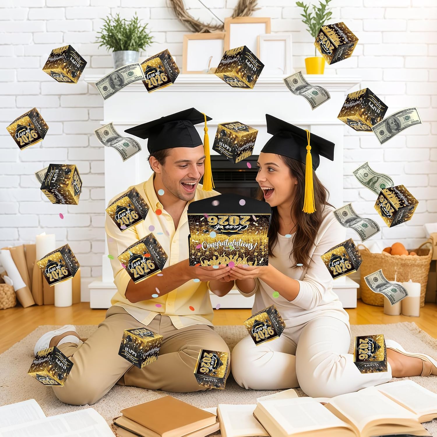 Sereliy Graduation Exploding Money Gift Boxes for Cash, 12 Pack Pop Up Surprise Money Box with Confetti, Black Gold Graduation Explosion Gift Box for Cash Giving Class of 2026