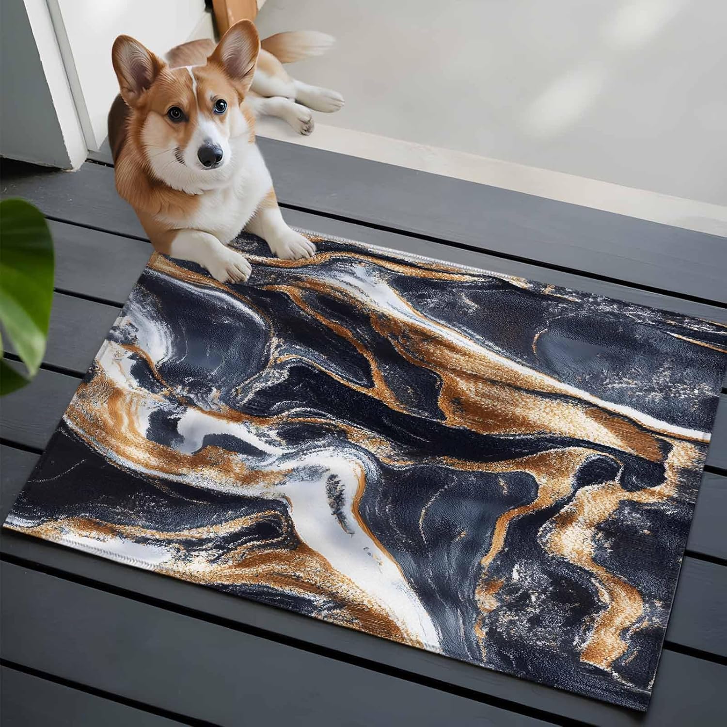 Navy Blue Brown Marble Entryway Rug 2x3 Area Rug Washable Indoor Doormat Small Bathroom Rugs Non-Slip Low Pile Accent Throw Rugs Minimalist Abstract Art Floor Carpet for Kitchen Bedroom Entrance