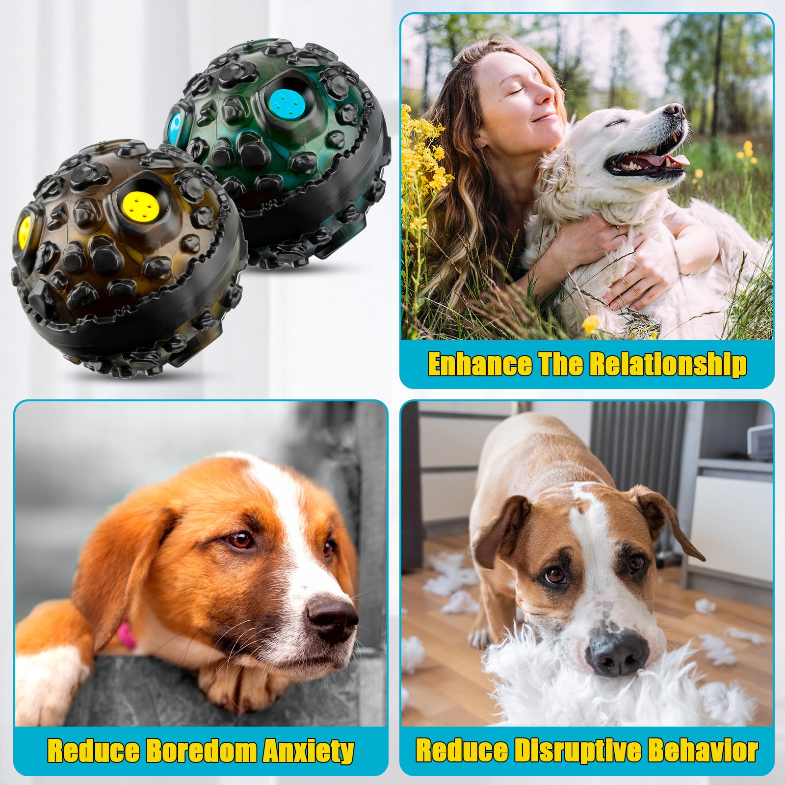 Honoson Lot de 4 balles à mâcher agressives pour chien – Jouet interactif indestructible avec rire qui couine – Jouet à mâcher en caoutchouc élastique pour chiens de petite, moyenne et grande taille