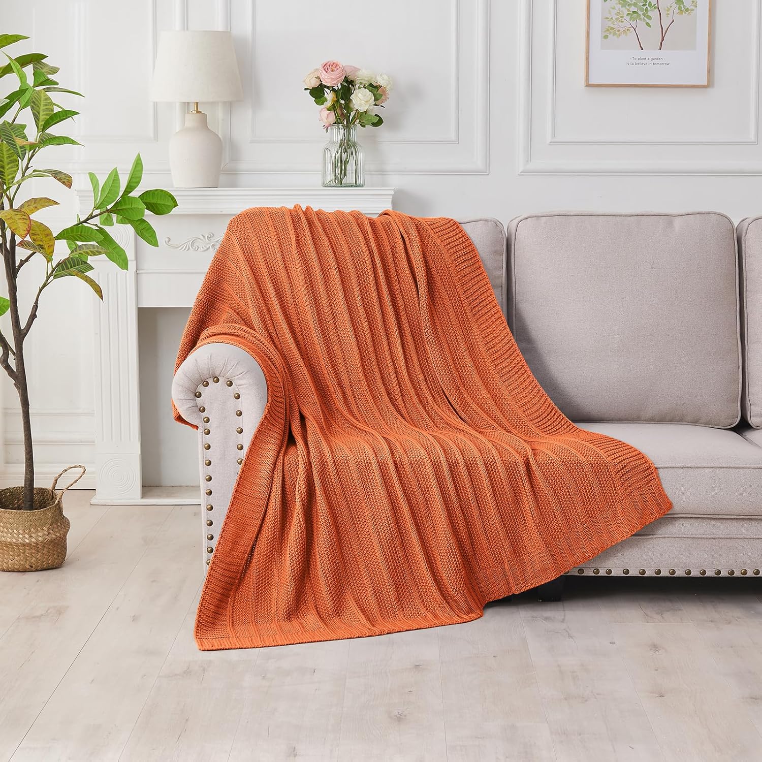 Douceur Orange Throw Blanket for Bed, Soft Cozy Lightweight Stripe Pattern Knitted Throw Blanket for Sofa, Living Room Gift, 50"X60" - Image 4