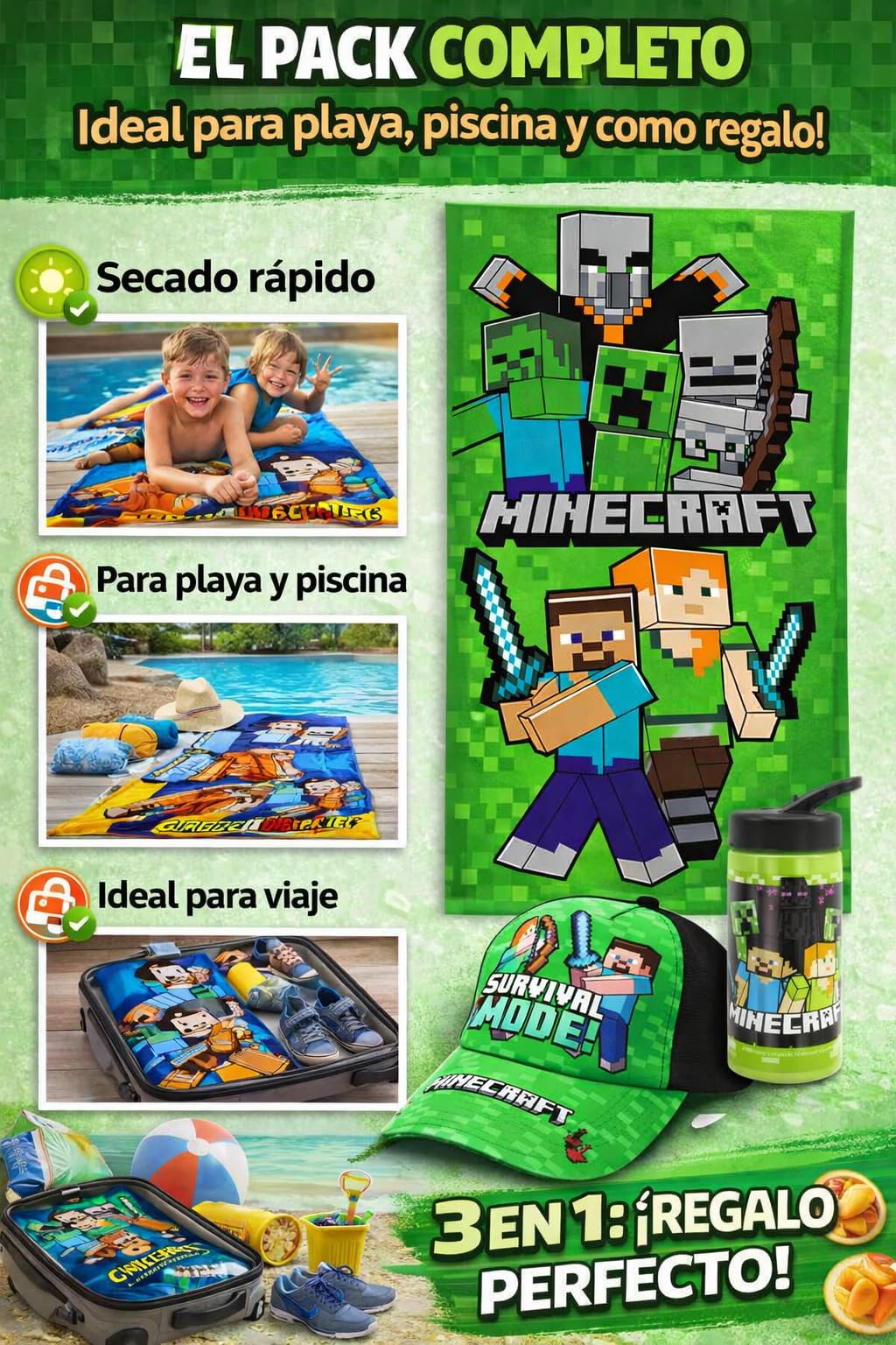 MARUKATSU Minecraft Pack Playa Niño Completo Toalla 140x70 cm + Gorra Ajustable + Botella 410ml – Set Verano Infantil Microfibra Secado Rápido Piscina Gamer — view 2