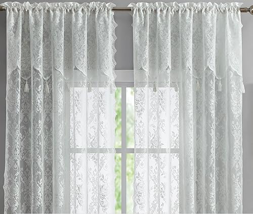 Miniatura 3 de LinenZone Par de 2 paneles de cortina de encaje con cenefa adjunta y 6 borlas. Cortinas de encaje transparente para sala de estar, comedor,