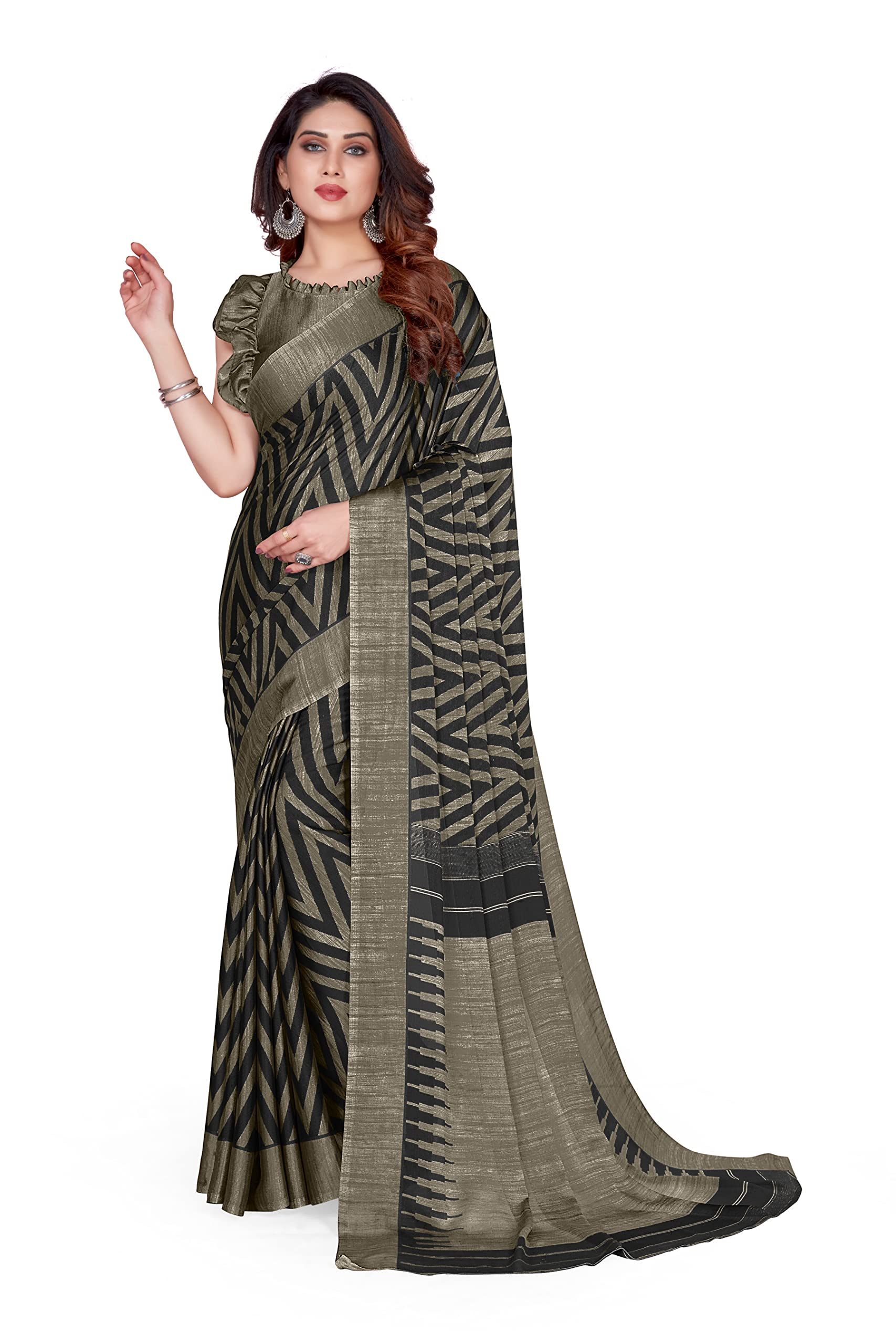 MIRCHI FASHIONWomen's Stylish Chiffon Abstract Printed Saree with Blouse Piece, Mustard, Green, Mustard, One Size