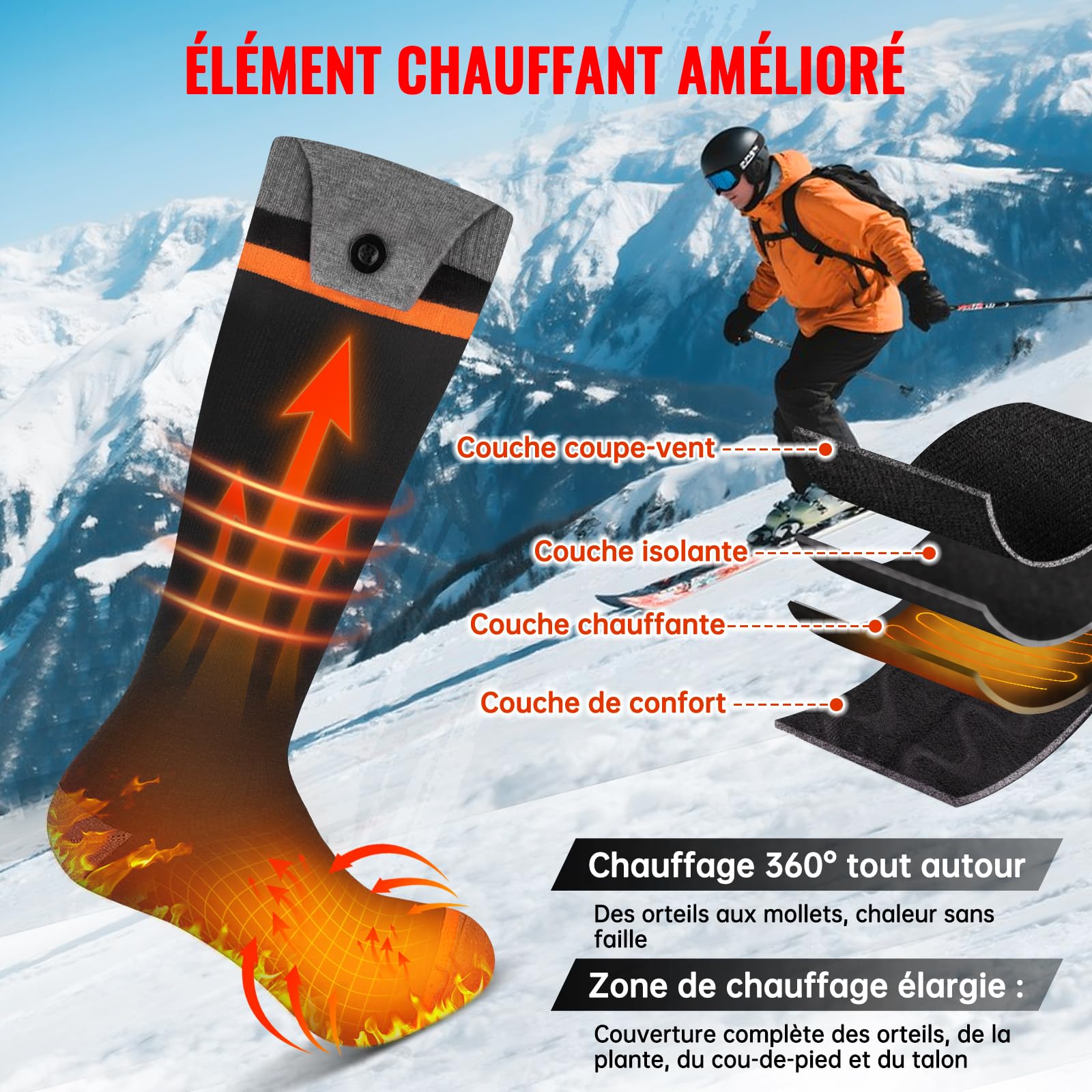Chaussettes Chauffantes Électriques avec Batterie 8500mAh, Télécommande APP, 70°C, pour Ski Camping Cyclisme