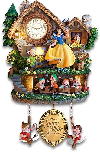 The Bradford Exchange Disney - Reloj de cuco del tesoro escondido blanco nieve, 18 pulgadas, luz y sonido, edición limitada