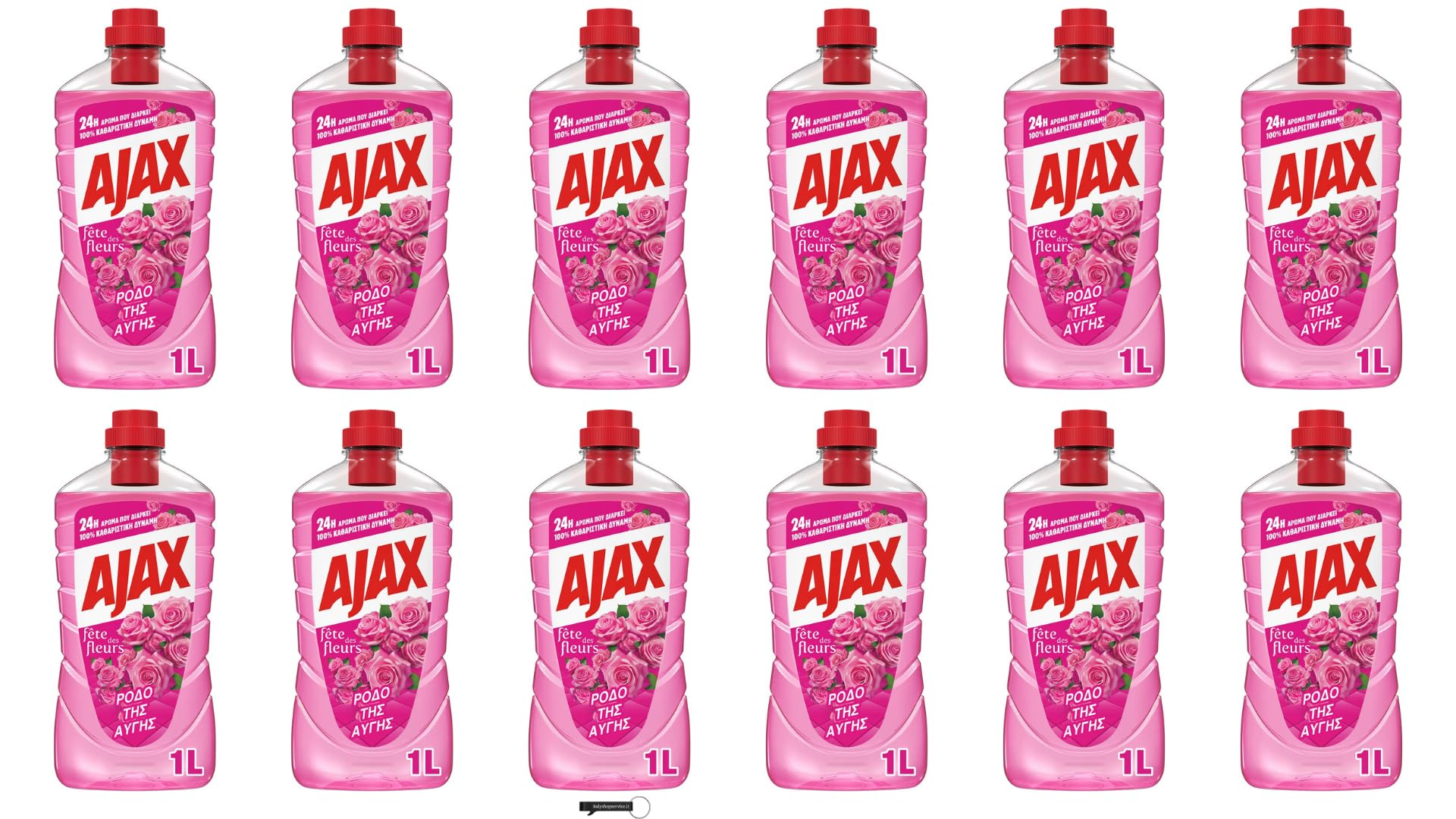 Ajax - Limpiador multiusos (12 unidades, aroma floral rosa, 1 L, limpiador multiusos para suelos y superficies, frescura duradera, incluye llavero Italy Shop Service gratuito)