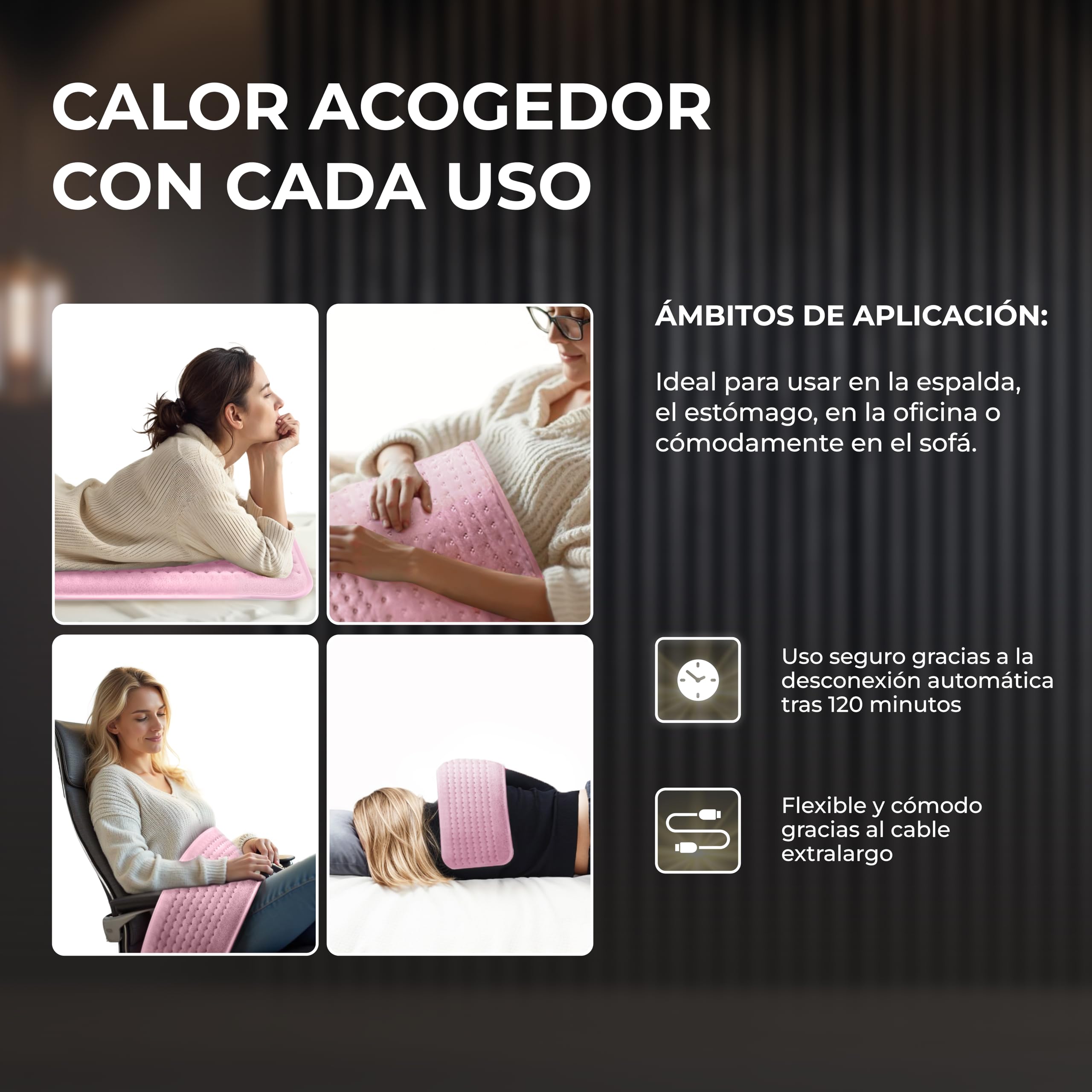 BR Bringer almohadilla eléctrica de infrarrojos con desconexión automática - 6 ajustes de calor (25-60°C), protección contra sobrecalentamiento, lavable, pantalla LED, franela suave (rosa, 60 x 30 cm)