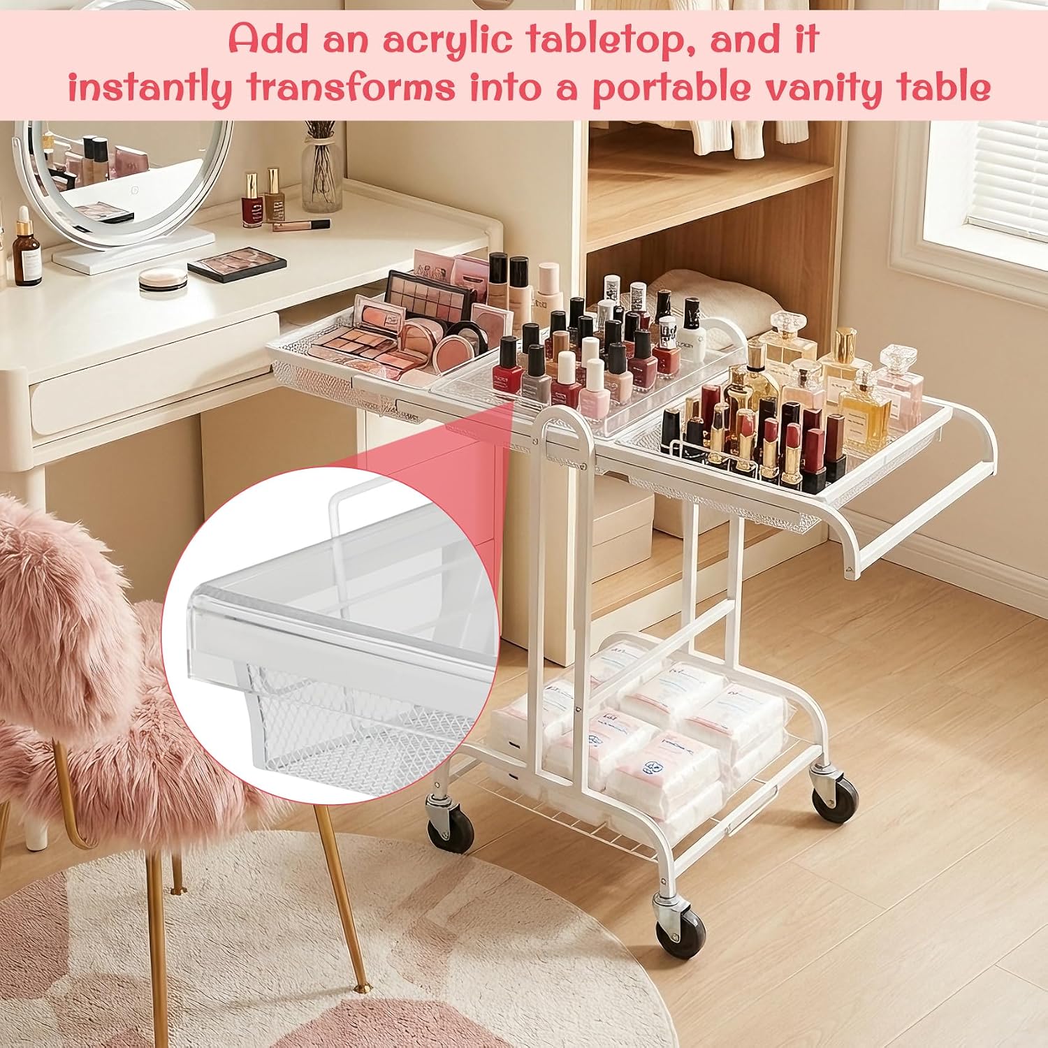 Werhoo 90° to 180° Adjustable Makeup Organizer Cart (Detachable Tabletop) with Drawers-4 Tier, Metal Beauty Cart with Enlarged Wheel Move to Bedroom, Bathroom and Living Room for Flexible Makeup