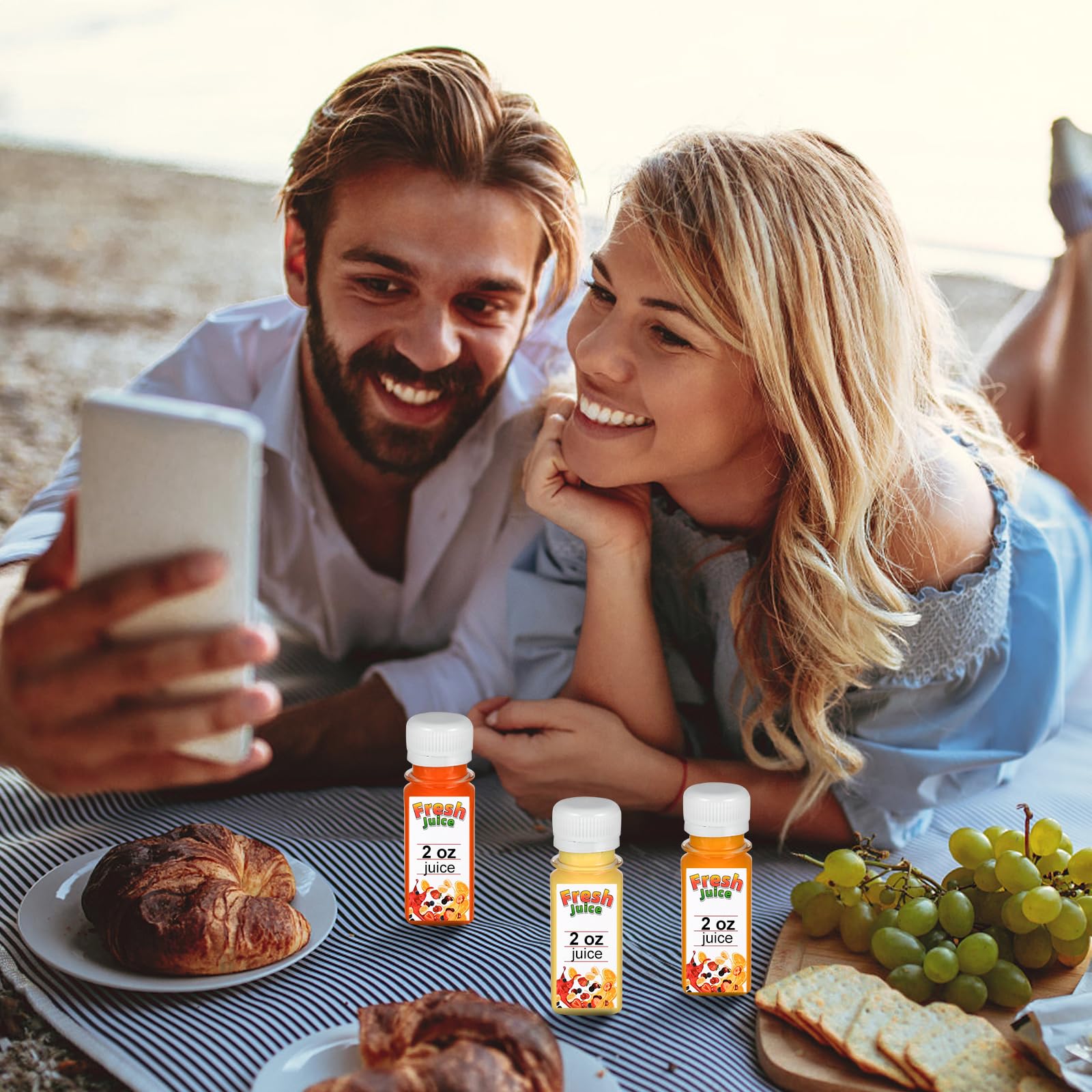 Bottiglie da 56,7 ml con tappi, confezione da 100 piccole bottiglie di plastica per liquidi, liquori, succhi di frutta, whisky, bottiglie da viaggio riutilizzabili con scala, imbuti, adesivi per fai