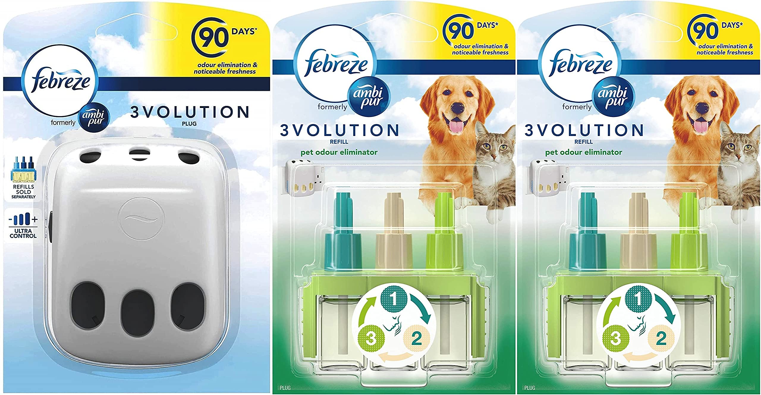 Febreze Ambi Pur 3Volution Air Freshener Plug-in Diffuser Device + Febreze Ambi Pur 3Volution Air Freshener Plug in Diffuser Refills, Pack of Two, 2 x 20 ml, Pet Odour Eliminator Scent