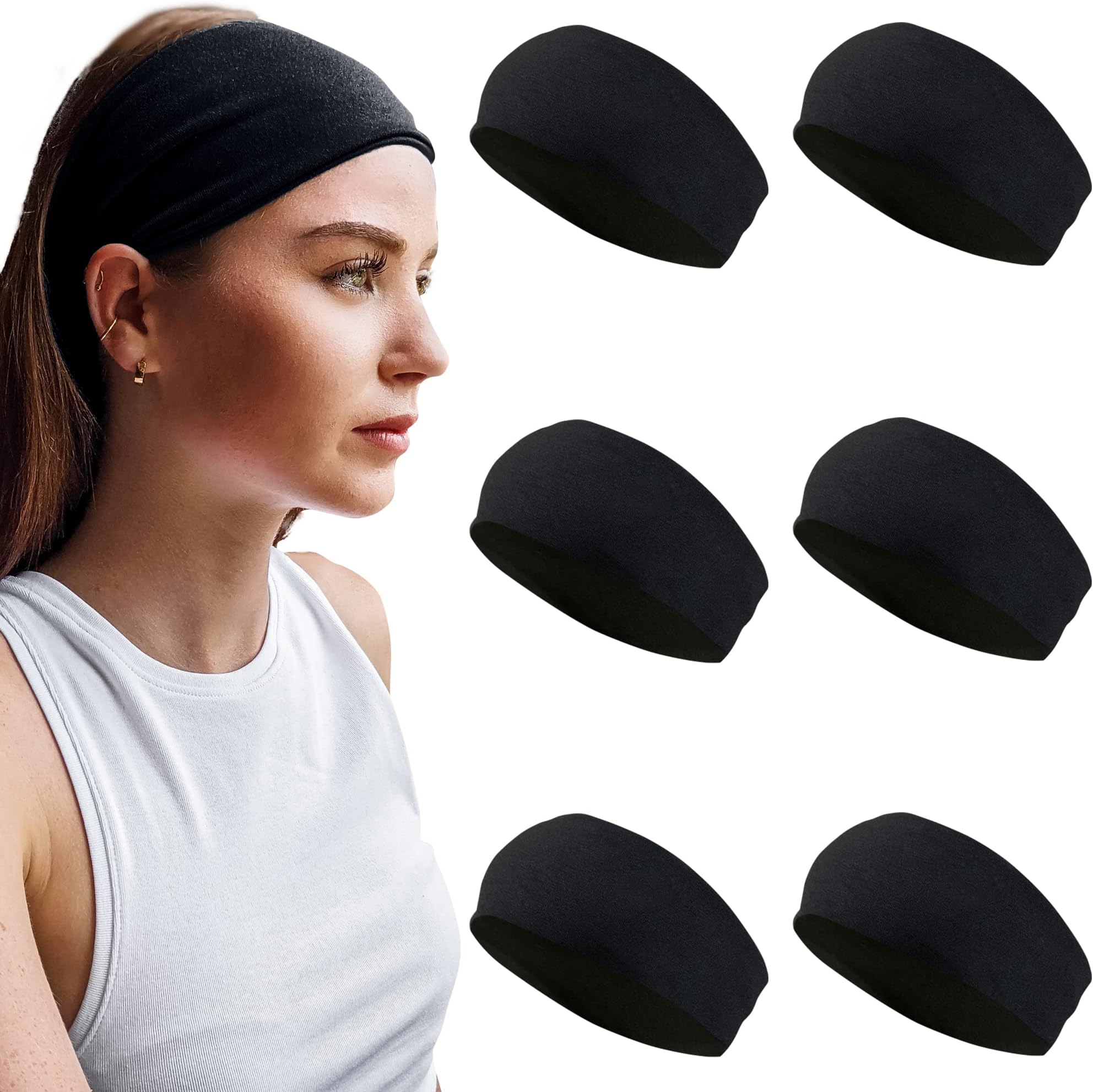 6 Pack Headbands (Solid Black)