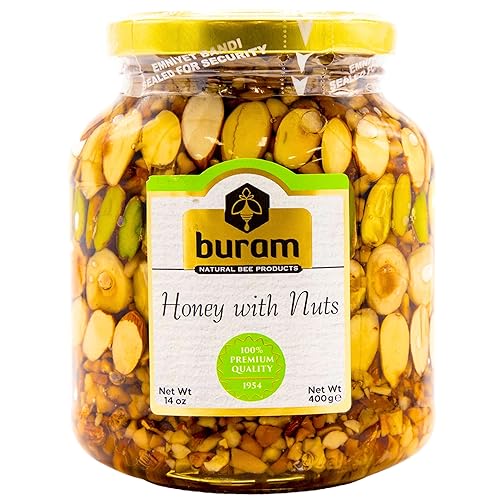 Buram Miel con nueces, mezcla de nueces bañadas en miel de primera calidad con sabor salado gourmet, ideal para aperitivos, untar y hornear, tarro