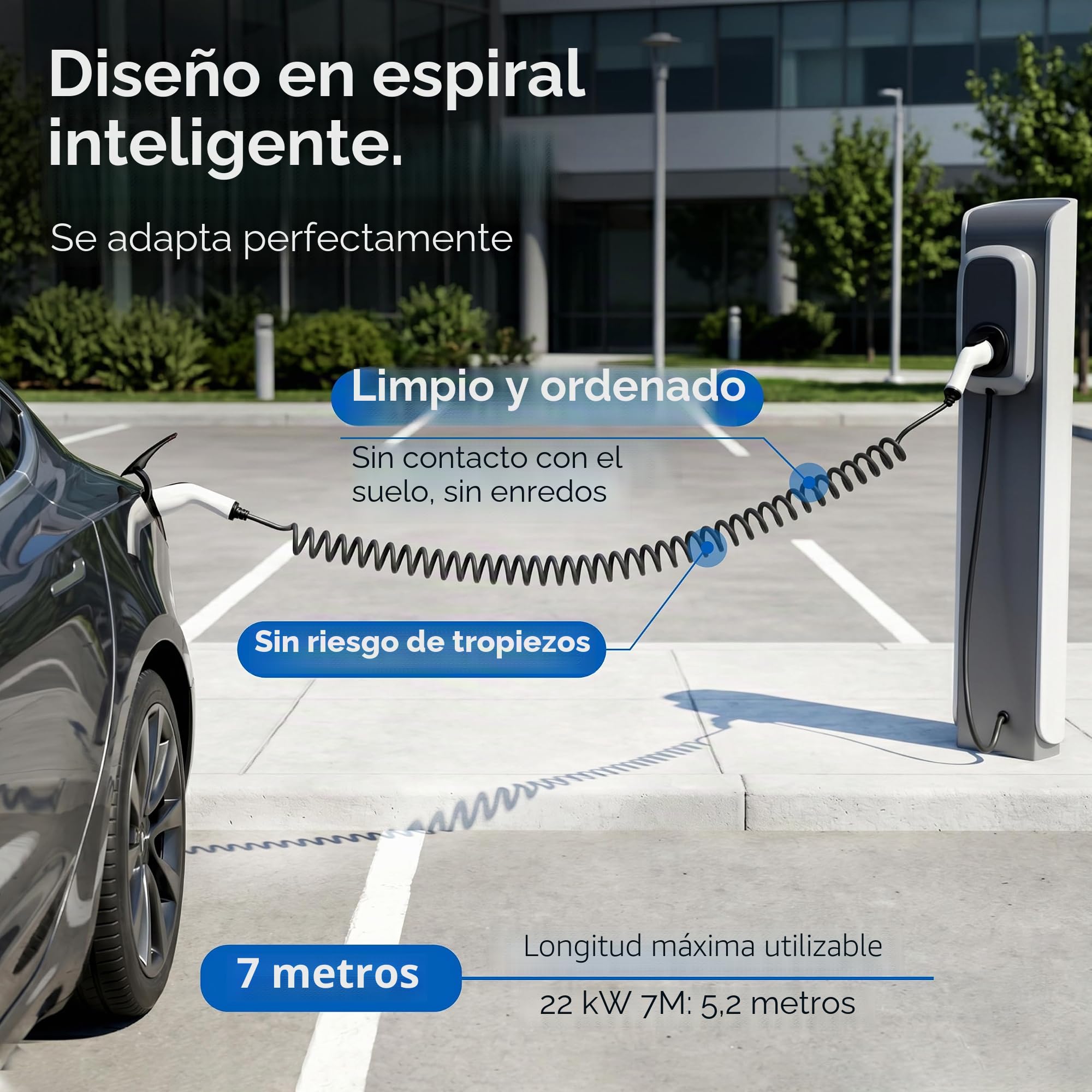 Cable de carga en espiral tipo 2, 22 kW, 7 m, 32 A, para coche eléctrico e híbrido, incluye bolsa de cables, cable en espiral de 3 fases para EV PHEV • Ahorro de espacio, adecuado para todos los