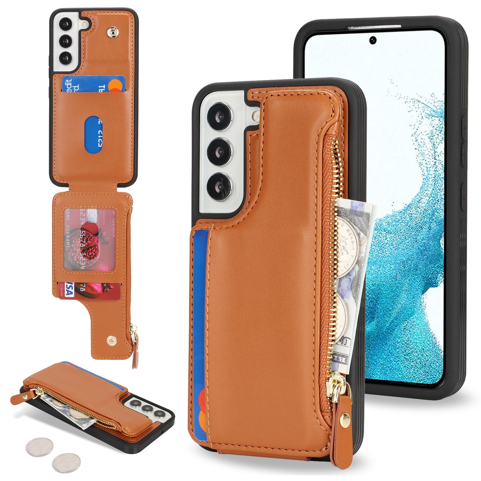 SailorTech per Samsung Galaxy S22 Custodia per telefono con porta carte di credito per uomo, Samsung S22 Custodia con slot per carte di credito Portafoglio Zipper per donna-Marrone