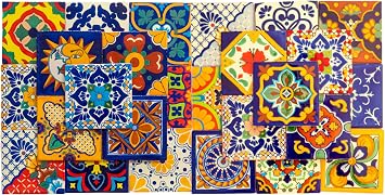 Mexican Talavera Tile Spanish Mediterranean Art Colorful 4"x4" Ceramic Hand Painted Mosaic for Bathroom, Wall, Mirror, Kitchen Rustic Decor Pottery 40, Mult1 + Multi2