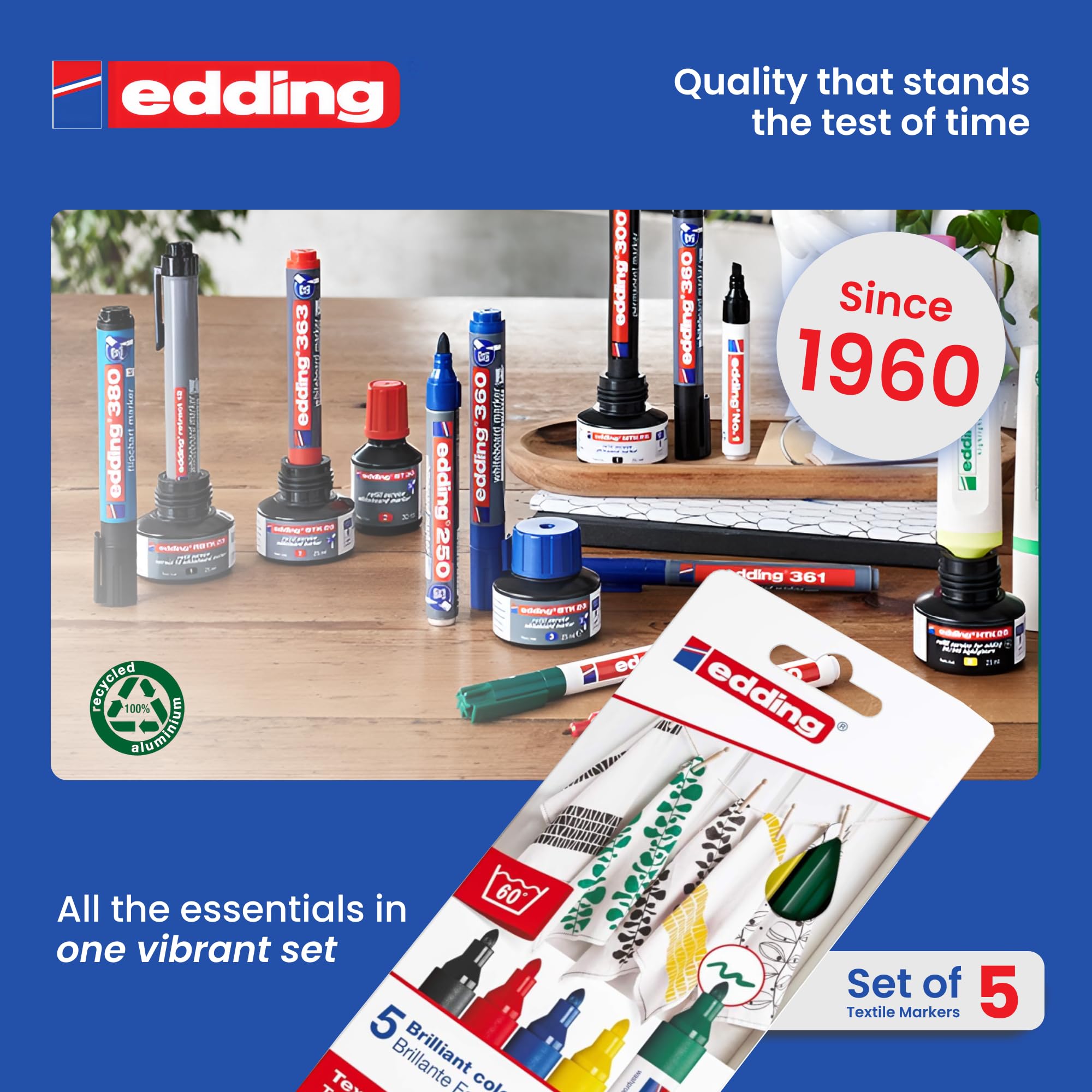 edding 4500 marker tekstylny – czarny, czerwony, niebieski, zielony, żółty – 5 szt. – zaokrąglony, 2–3 mm – marker do materiału odporny na pranie (60°C) – marker do tkanin