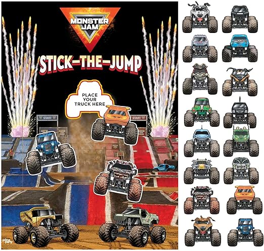 Monster Jam Stick The Jump Party Game (for up to 16 Players). Monster Truck Game with Grave Digger, Max D,and More. Plays Like Classic Pin The Tail on The Donkey.