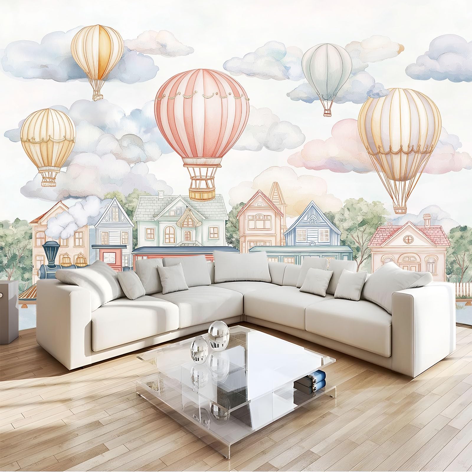 Malowidła ścienne kreskówka balon na gorące powietrze pociąg miasto chmury tapeta z włókniny 250 x 175 cm duża fototapeta, do salonu sypialni pokrycie ścienne mural dekoracja fototapeta biała