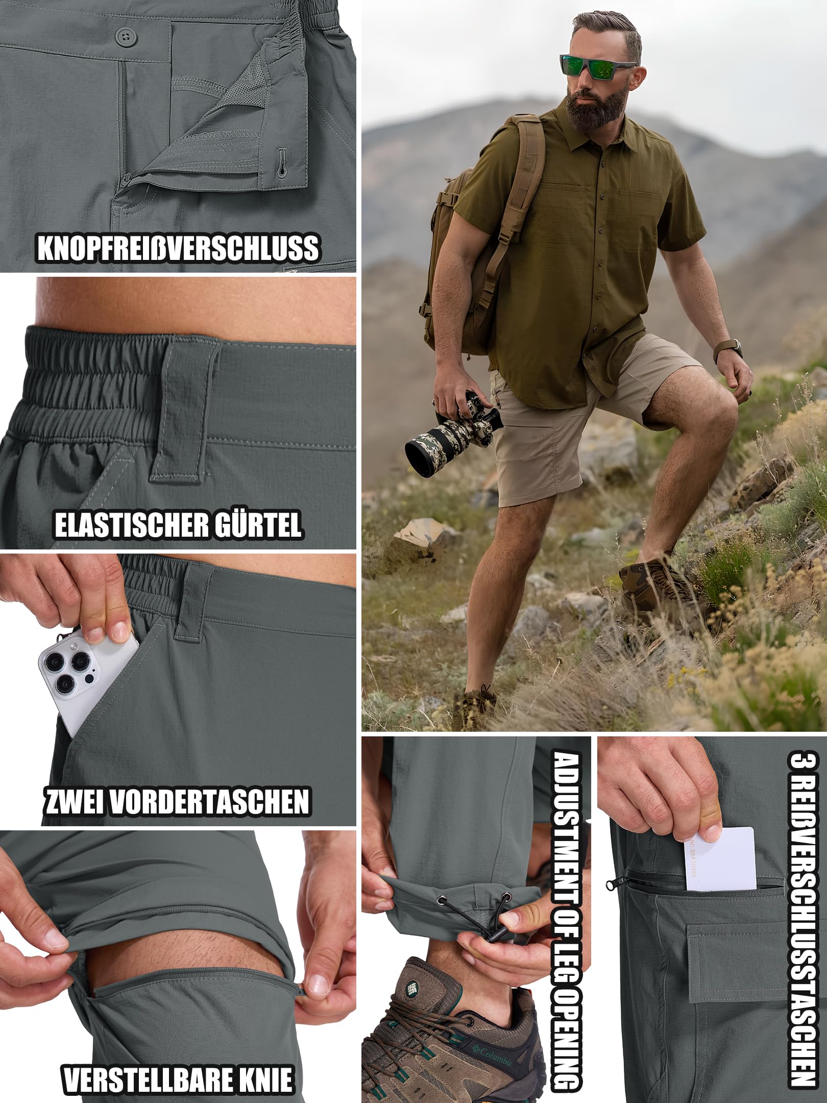 Pantaloni Uomo Convertibili, Pantaloni da Trekking Estivi Leggeri Traspiranti Asciugatura Rapida con Zip-off, Cargo 6 Tasche per Escursionismo, Ciclismo, Viaggio, Campeggio