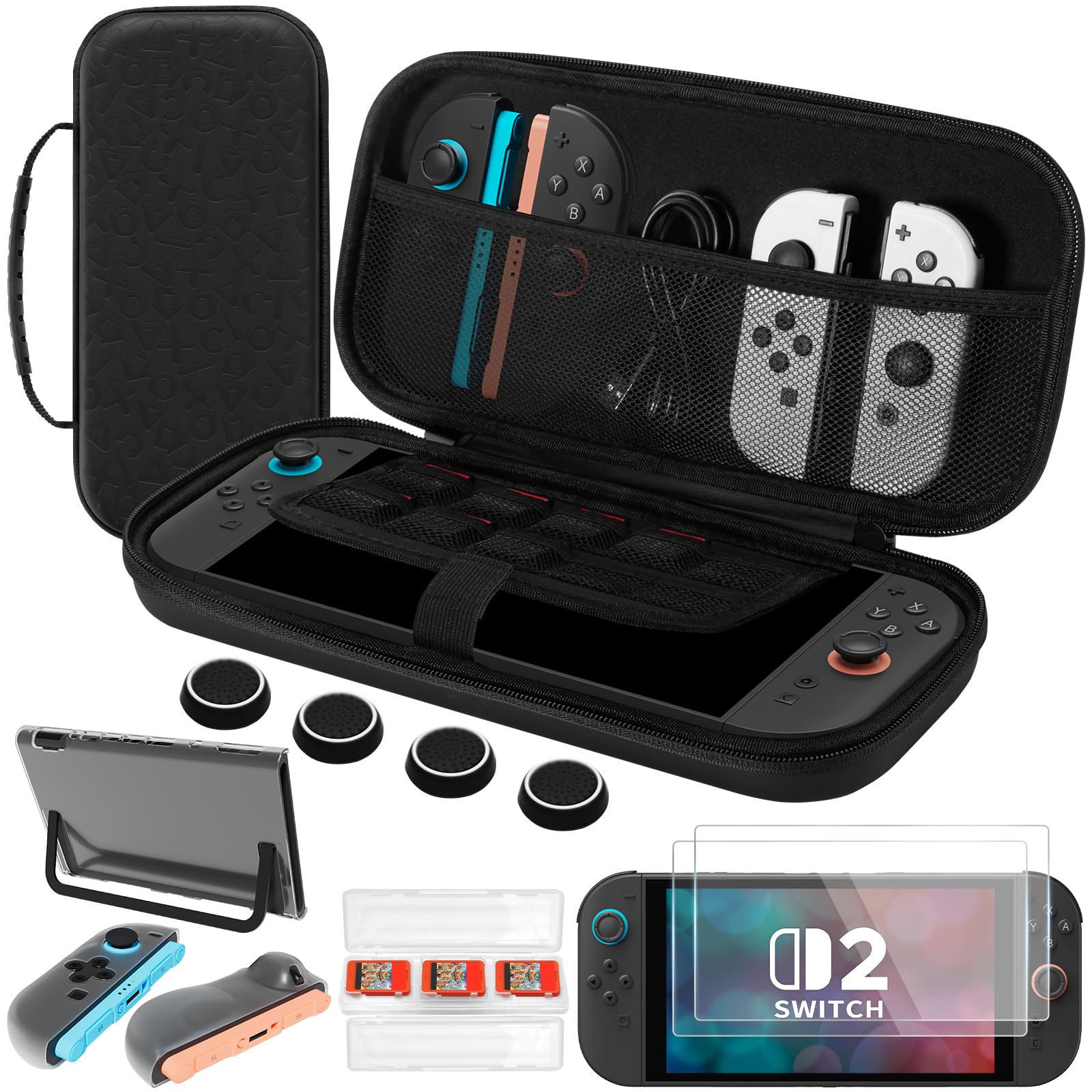 FUNLAB Slim Switch 2 Case for Nintendo 2025/OLED, Hard Shell Carrying Case for Travel Design with10 Game Holders, Screen Protectors, TPU Clear Split Dockable Prot., Grip Cases, Thumb Grip Caps - Black