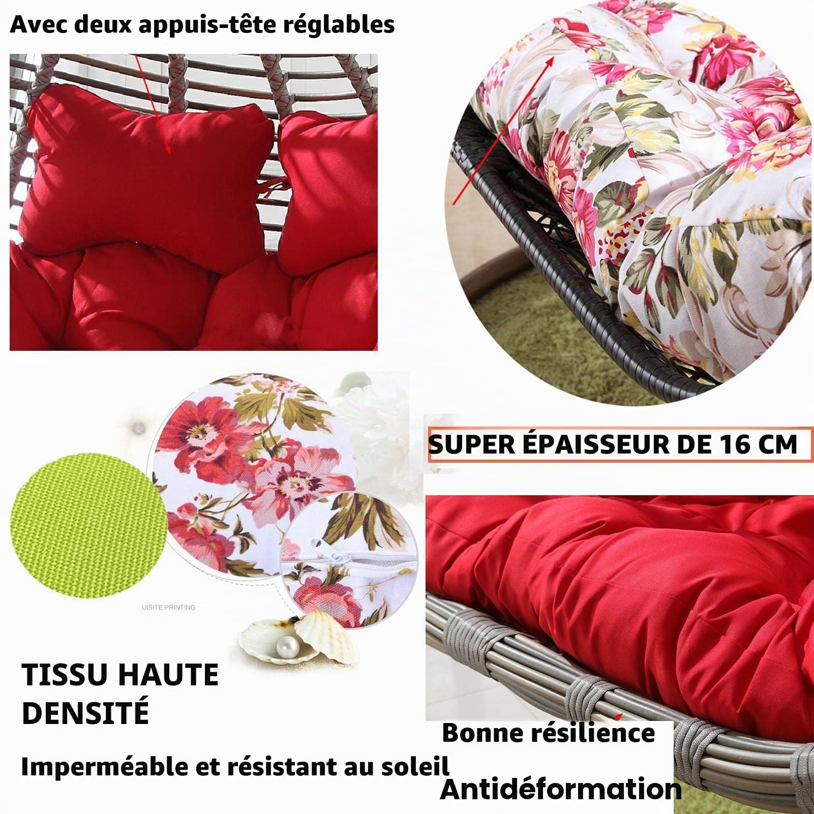 Coussin œuf Chaise longue à balançoire à Double suspension, coussin doux et profond, coussin de chaise pivotante d'extérieur 2 places avec attaches, entièrement remplissant, ne s'effondre pas(Cream)