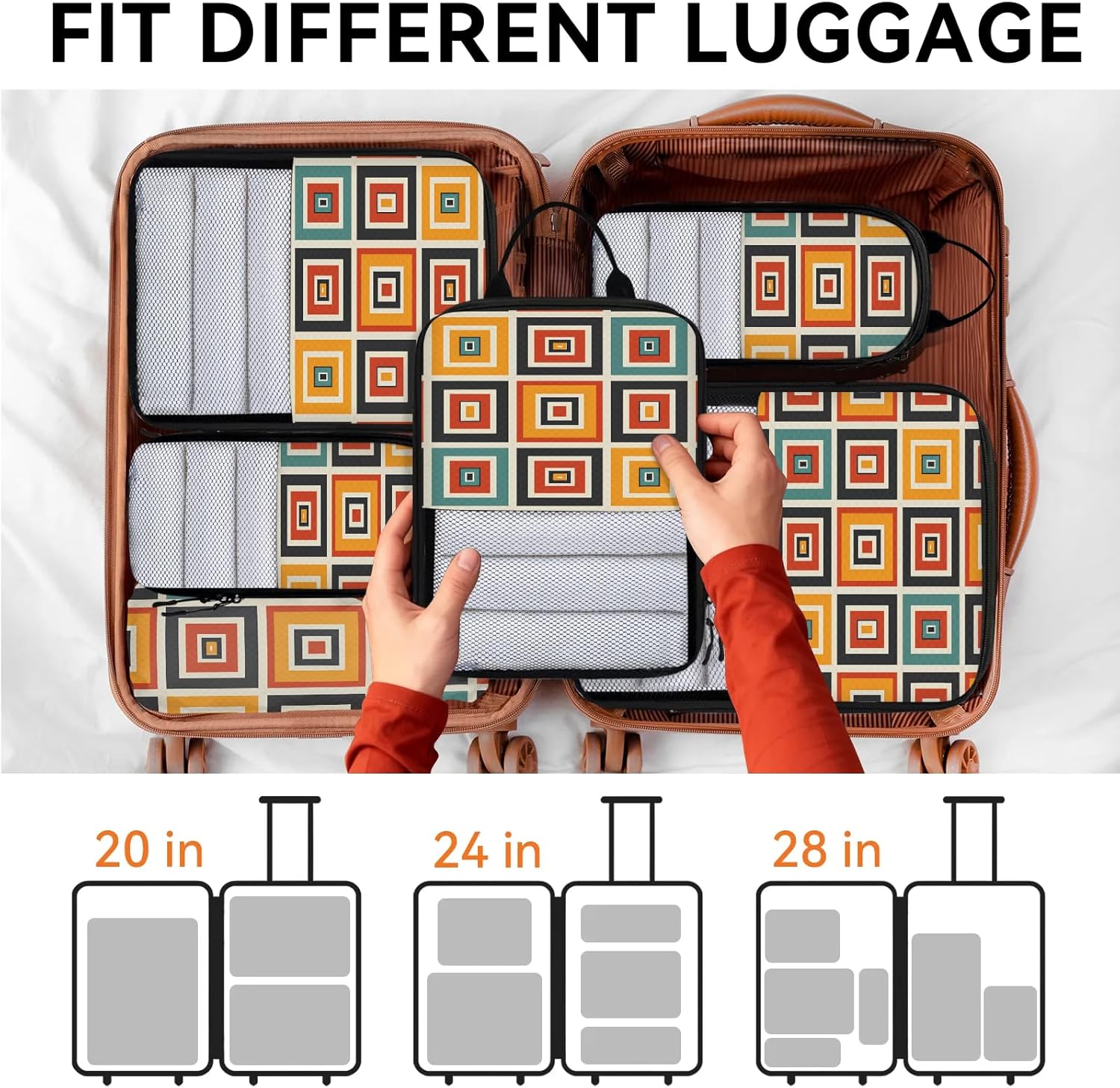 Orange Mid Century 6 Set Compression Packing Cubes Modern Abstract Geometric Art Expandable Packing Organizer for Travel Accessories Luggage Suitcase Bag