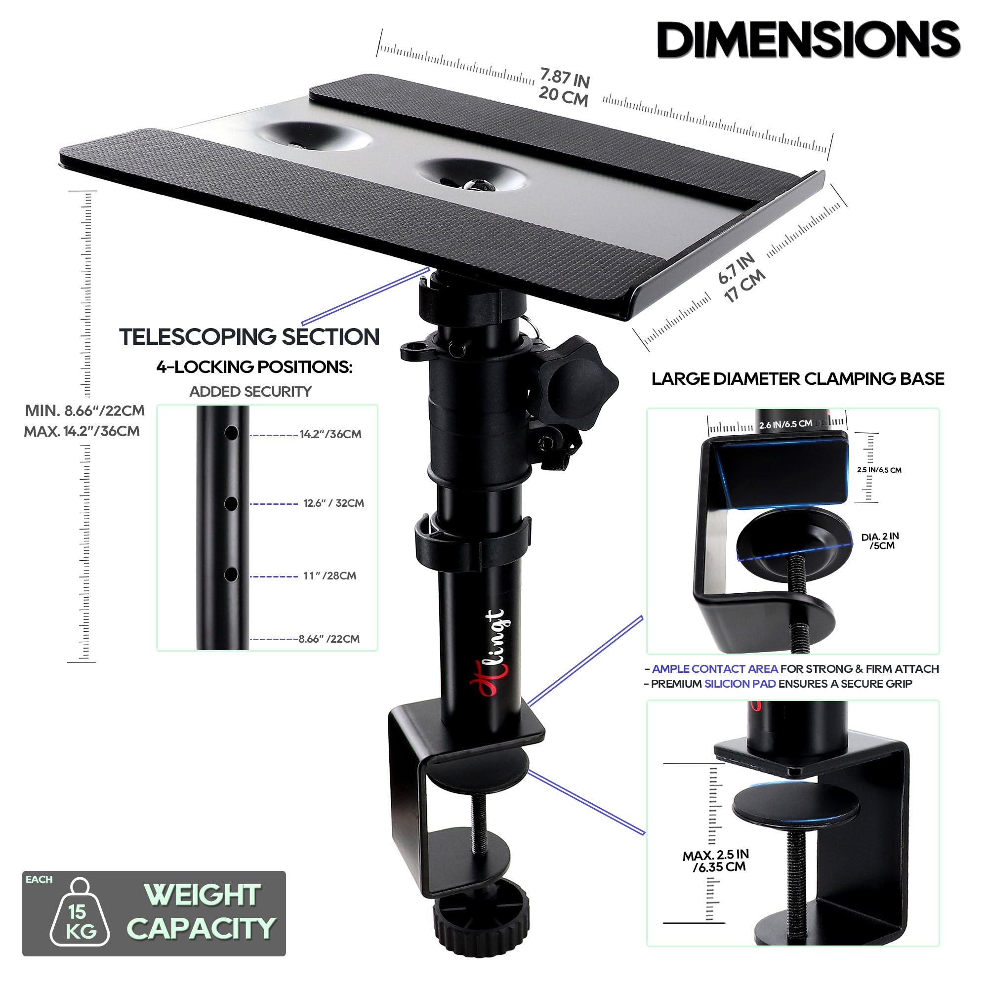 Lot de 2 supports de haut-parleurs de bureau à pince, métal, 17 x 20 cm, inclinaison -10 ° à +10 °, idéal pour haut-parleur de moniteur 3-4