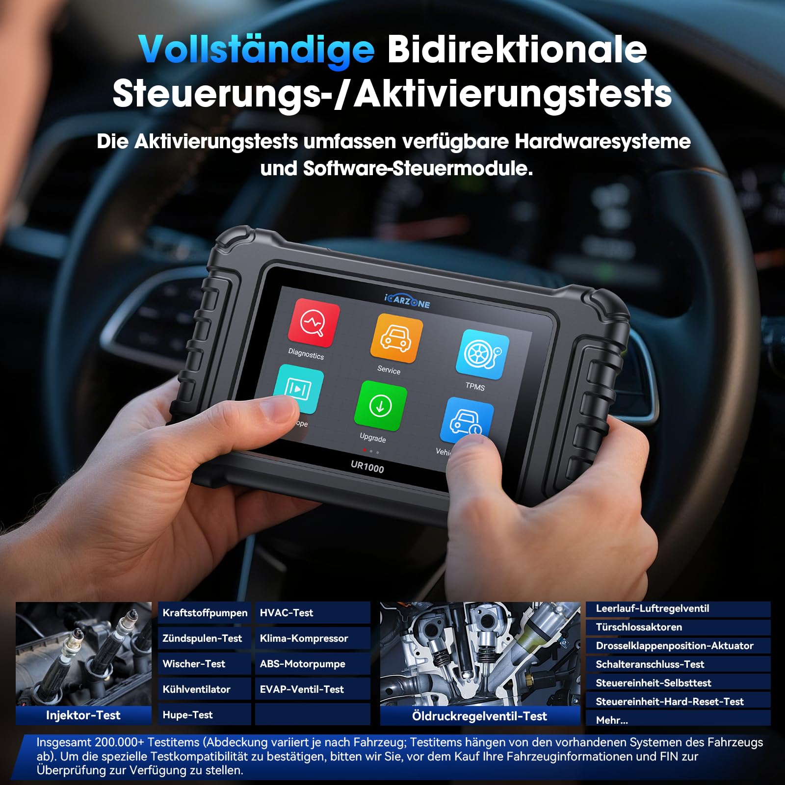 UR1000 OBD2 Diagnosegerät Bluetooth, Auslesegerät Auto mit Alle Systemdiagnosen, 50 Resets KFZ Diagnosegerät, 10000+ Aktivierungstests, ECU-Kodierung, TPMS-Program, CANFD, Online-Updates