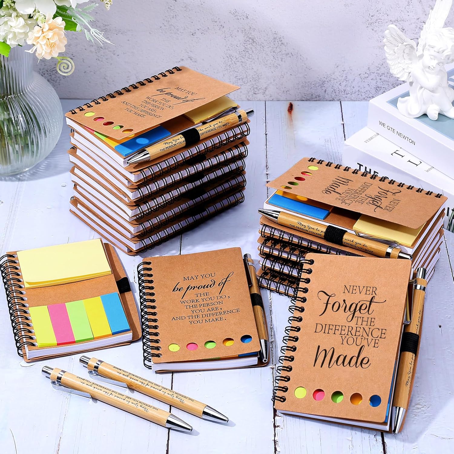 Employee Appreciation Gifts Inspirational Spiral Notebooks with Sticky Notes Notepads Thank You Bamboo Ballpoint Pens Bulk for Coworker Nurse Teacher (40)