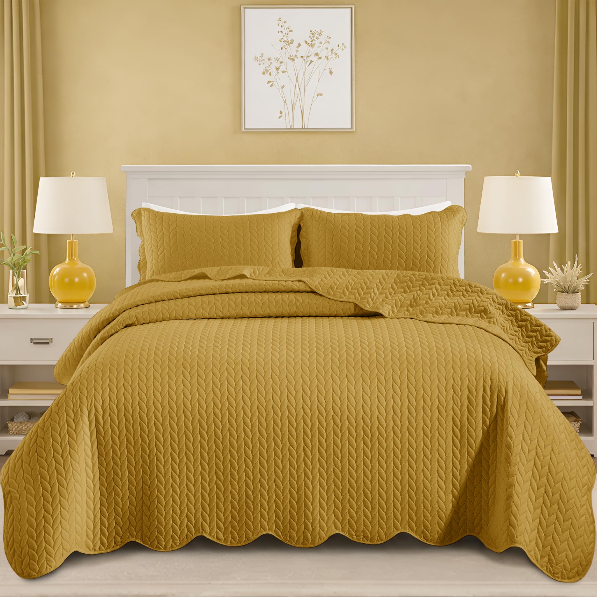 Quilts Queen Size Bedspread Coverlet Leaf Quilt Set (Ochre, 90"x96")