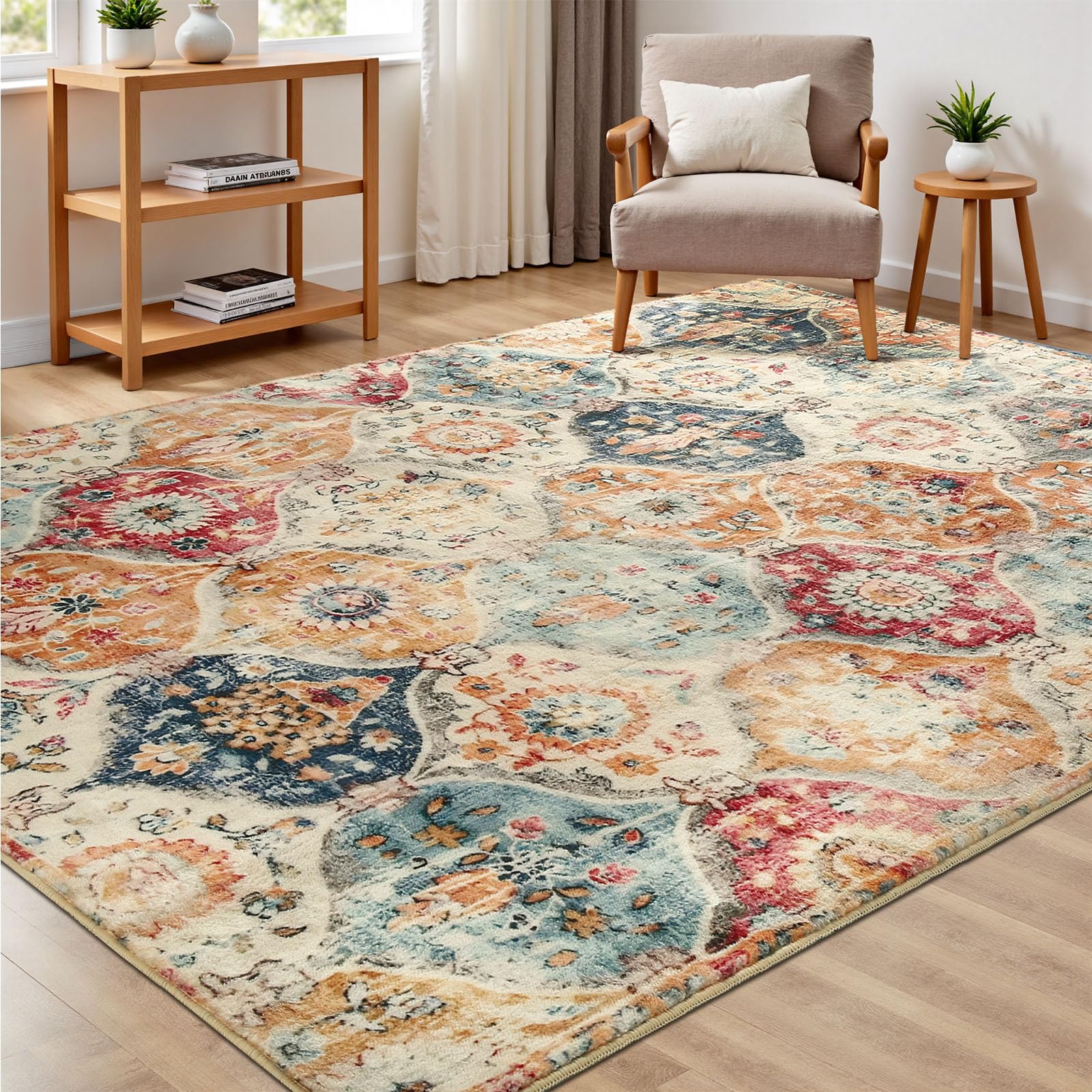 Tuocal Machine Washable Rugs Living Room 120x170cm, Vintage Rug Boho Area Rugs, Non-Slip Carpet Low Pile Non-Shedding Short Low Pile Rugs for Bedroom Kitchen Dining Room Bathroom Kids Room — image 1
