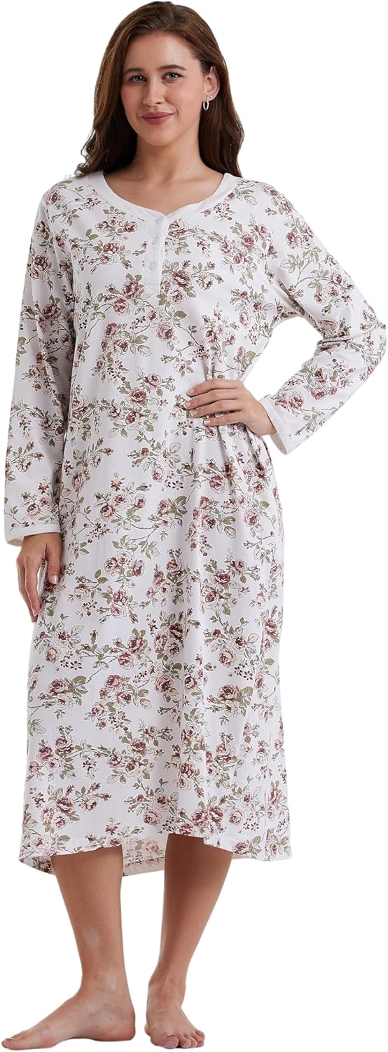 Keyocean Cotton Nightgowns for Women, Soft Comfy Long Sleeve Sleepwear House Dress for Sleeping Lounging