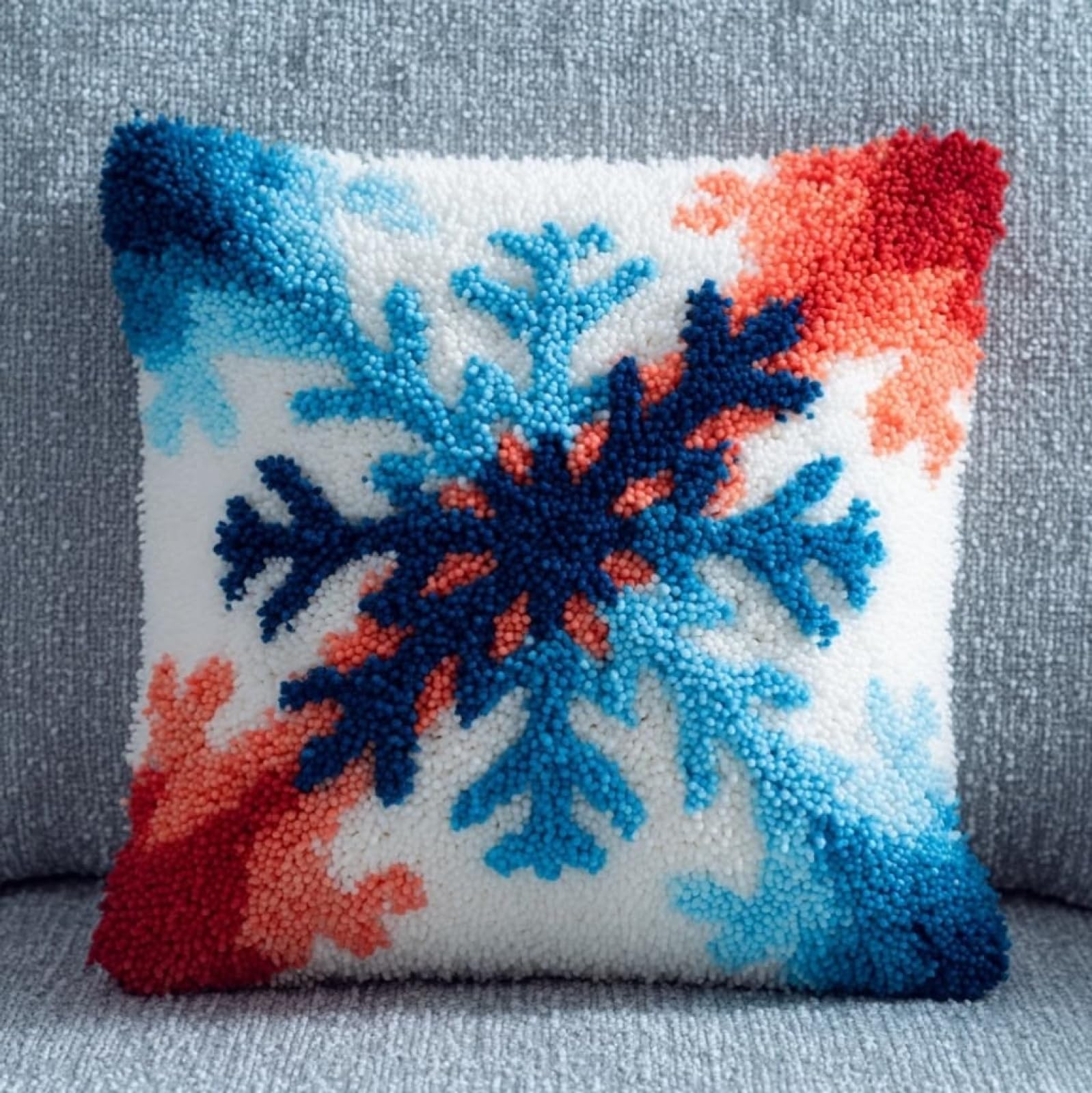 AxiangziK DIY Latch Hook Pillow Kit,Christmas Snowflakes 17x17inch Printed Pillowcase Crochet Yarns Hooking Handmade Cushion for Home Sofa Decoration