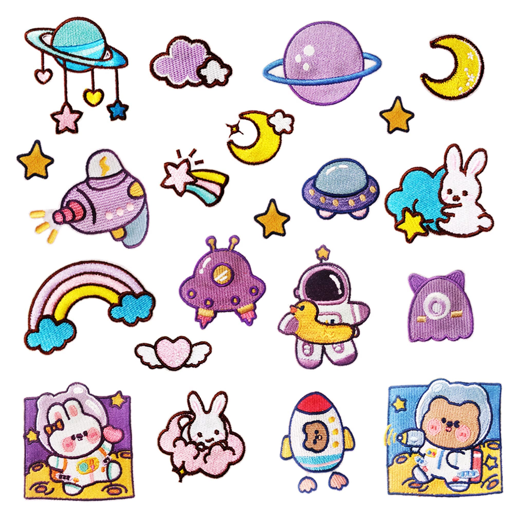 TERRIFI Purple Astronaut Iron On Patches - 21 PCS Applique Stickers With Starry Sky, Space Rabbit, and Bear Embroidered for Clothes, Jacket, T-Shirt, DIY Accessories, Shoes