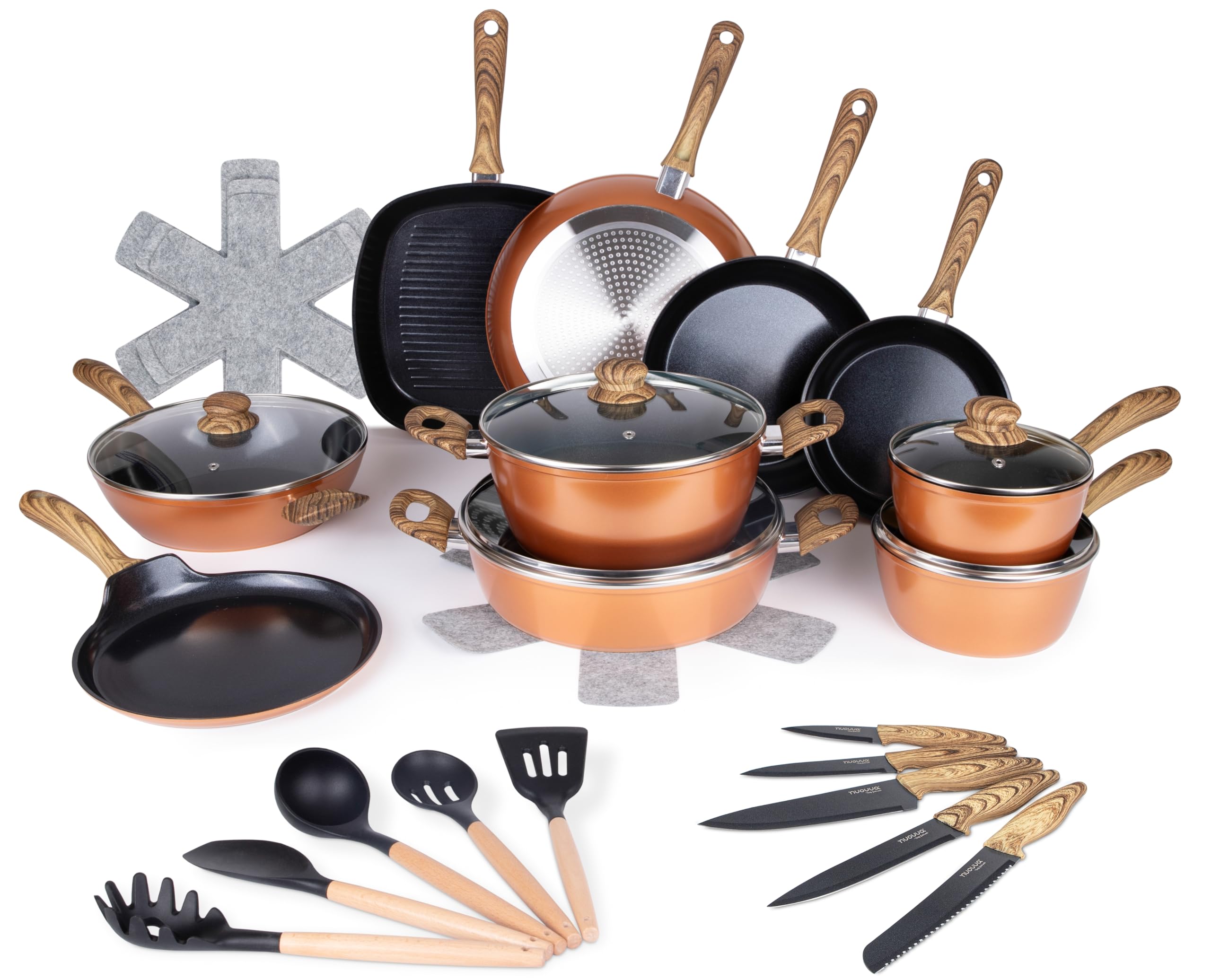 Pots and Pans Set Non Stick – Induction Hob Pot Sets – 35pcs Kitchen Cookware & Kitchen Knife Set – Copper Cooking Pots with Lids – Saucepans Pot & Frying Pans – by Nuovva — image 1