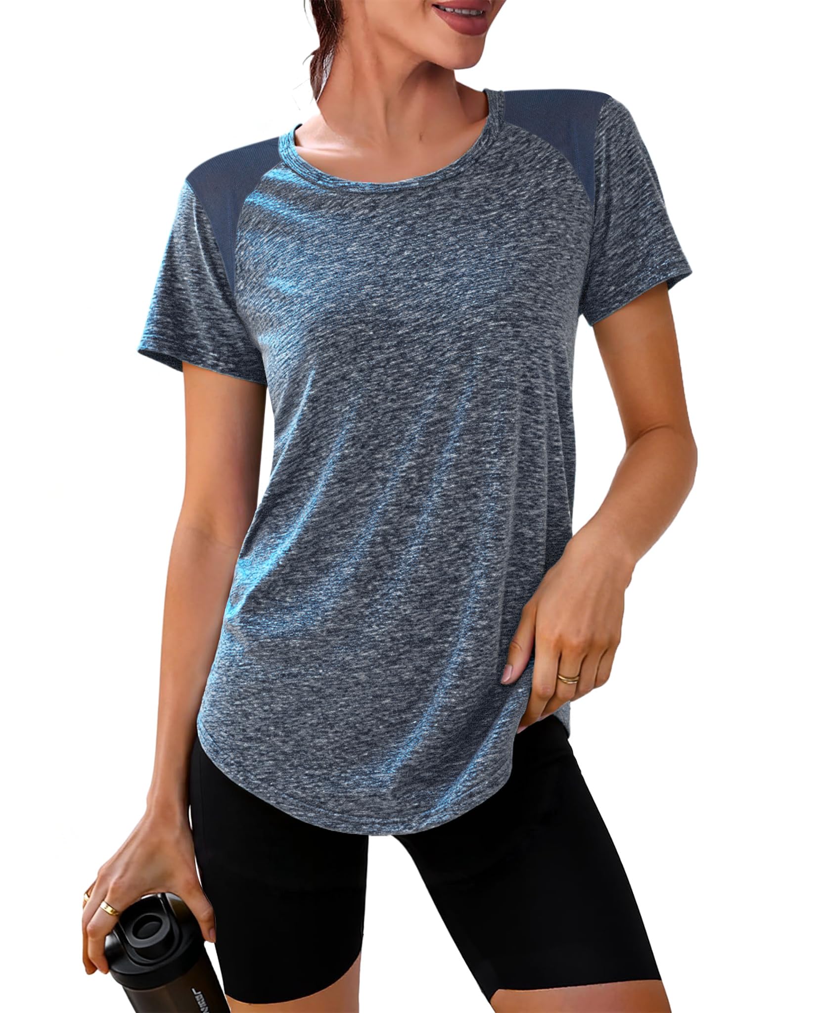 Crewhpo Sportshirt Damen Kurzarm Funktionsshirt Back Mesh Sportshirt Leicht Laufshirt Fitness Locker Sport Oberteile Atmungsaktiv Sport Tshirt Für Yoga Tennis S-XXL