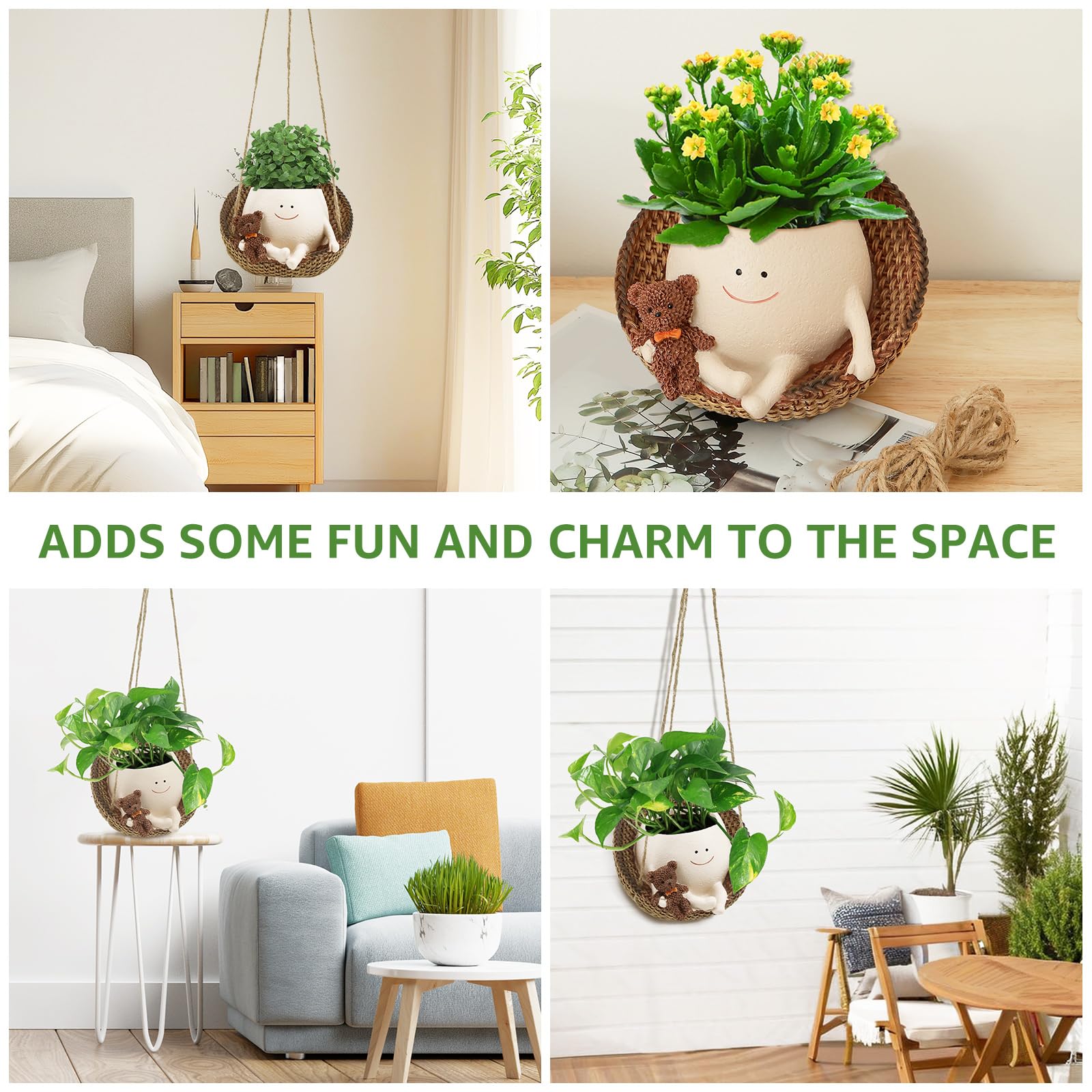 Pot de fleurs décoratif à suspendre en forme de visage de balançoire, joli pot portable avec trou de drainage pour intérieur et extérieur (suspendu)