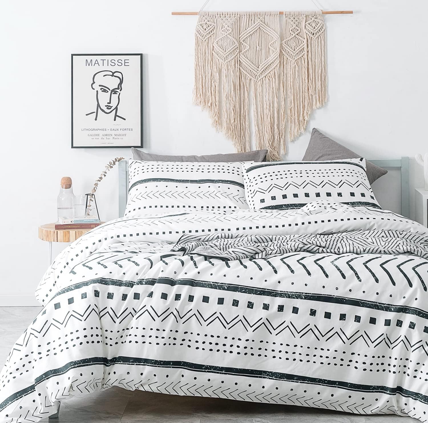 White Aztec Duvet Cover King 100% Cotton 3 Pcs Set 1 Vintage Tribal Boho Duvet Cover with Zipper Ties 2 Pillowcases Southwestern Bohemian Black Geometric Bedding Set Soft