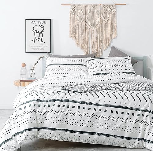 SUSYBAO - Juego de funda de edredón de 3 piezas, 100% algodón natural, hojas tropicales, hojas botánicas, flores, florales, cuadrícula con