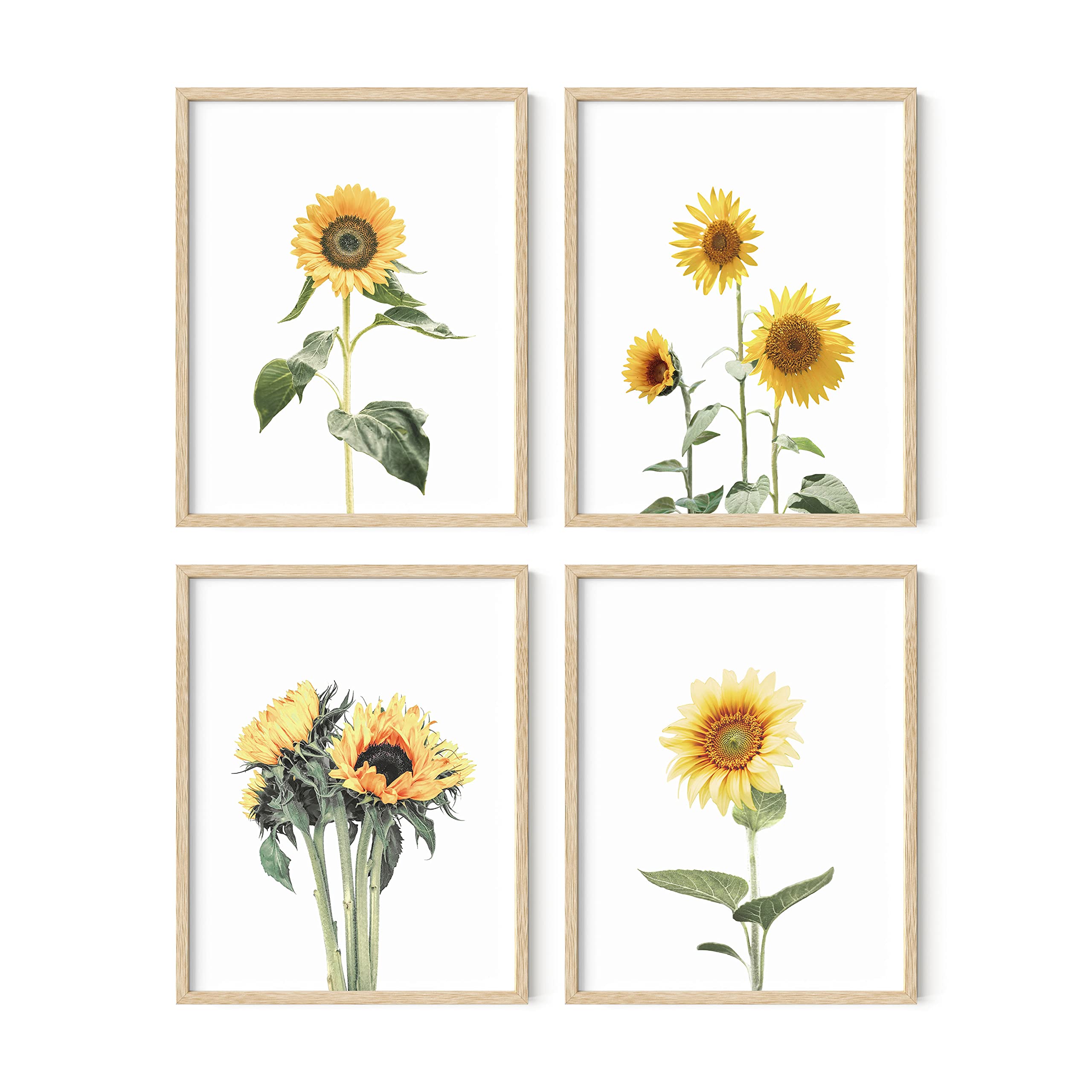 HAUS AND HUES Sunflower Wall Art Set of 4 - Posters and Paintings for Bedroom, Kitchen, Yellow Wall Decor (Beige Frame, 11x14)