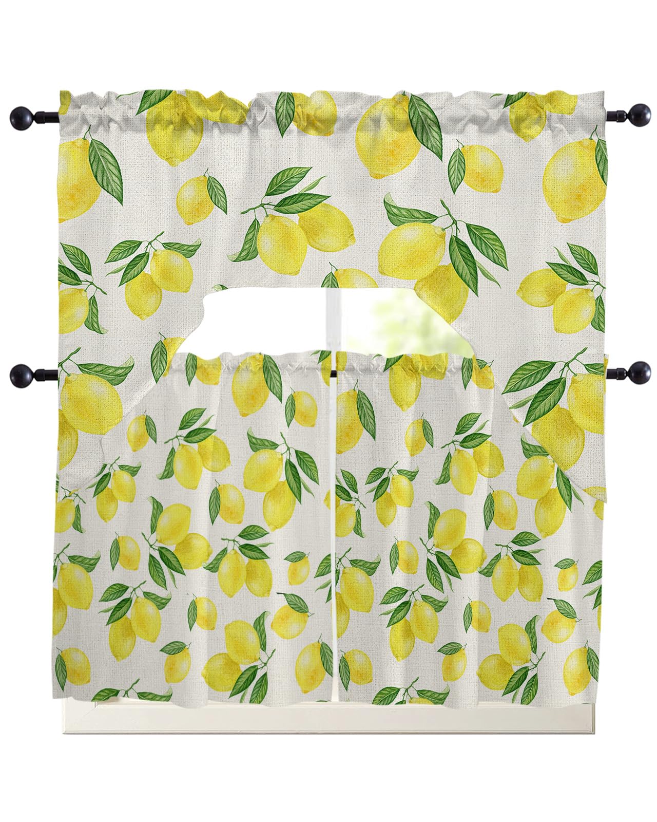 Lemon Leaves Swag Kitchen Curtain Sets with Valance, 3 Pieces Rod Pocket Curtain Drapes for Bedroom Living Room Bathroom Cafe Windows, Summer Yellow Green Fruit Burlap 56''x36'' & 36''x27.5''x2Panels