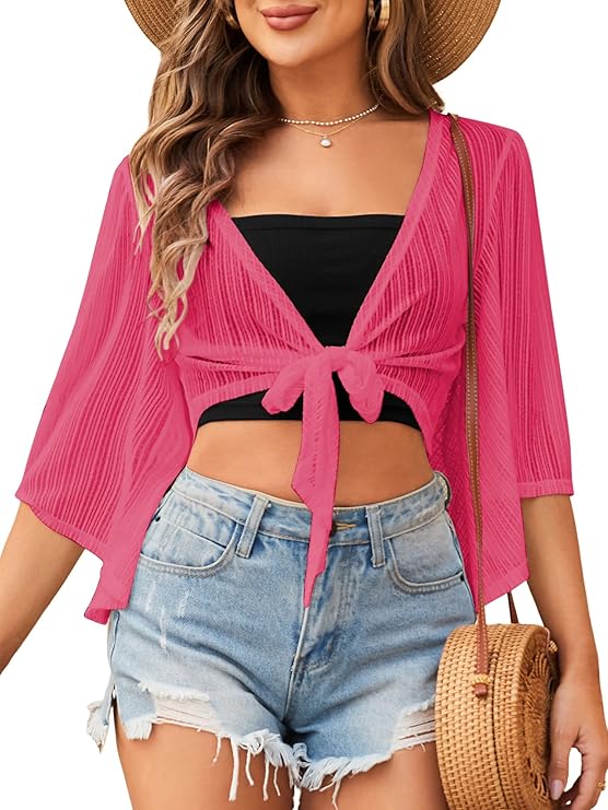 ZAFUL Women's Cropped Bolero Sheer Shrugs for Dress Short Sleeve Tie Front Cardigan